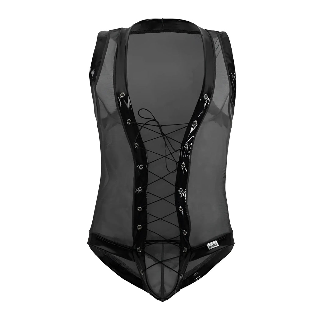 Black mesh CandyMan 99774 gladiator bodysuit with glossy black lace-up front and shiny trim
