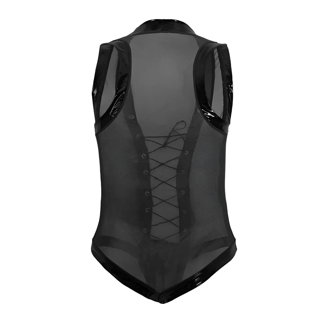 CandyMan 99774 gladiator bodysuit black translucent mesh vest with glossy black trim and lace up front