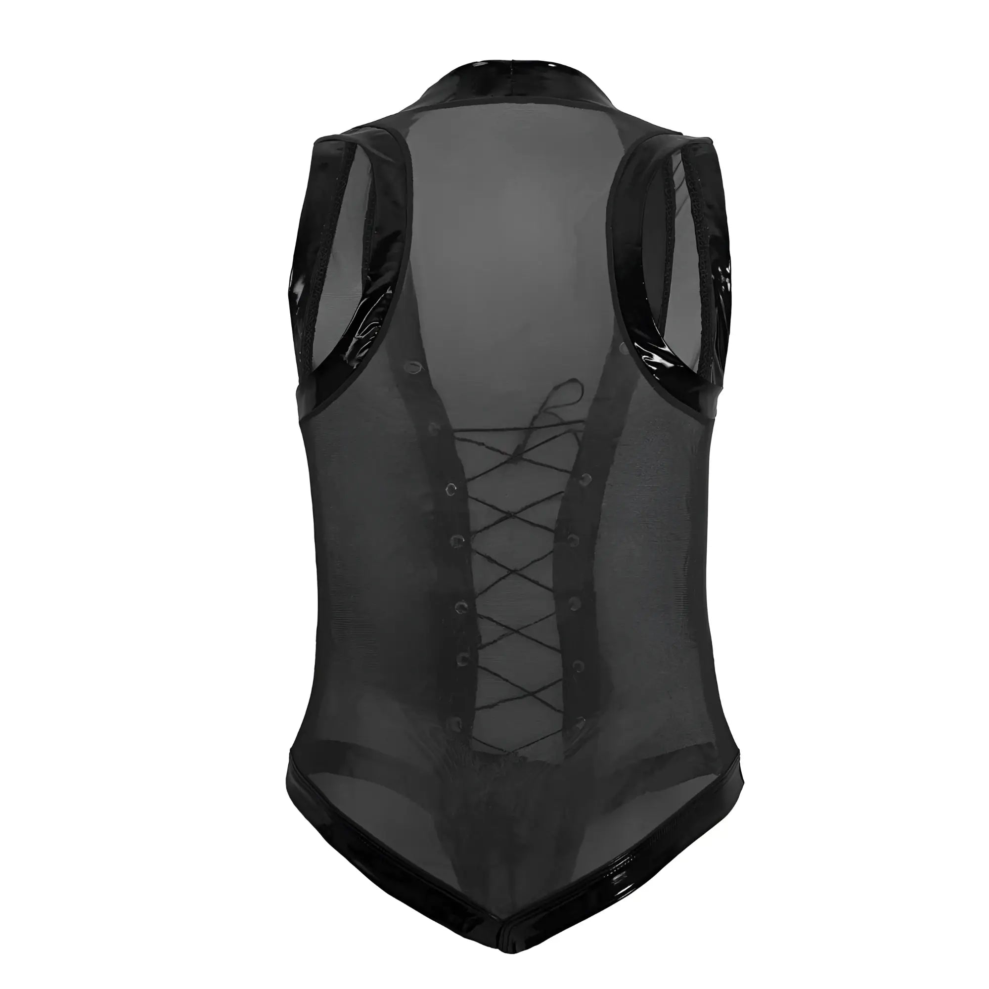 CandyMan 99774 gladiator bodysuit black translucent mesh vest with glossy black trim and lace up front
