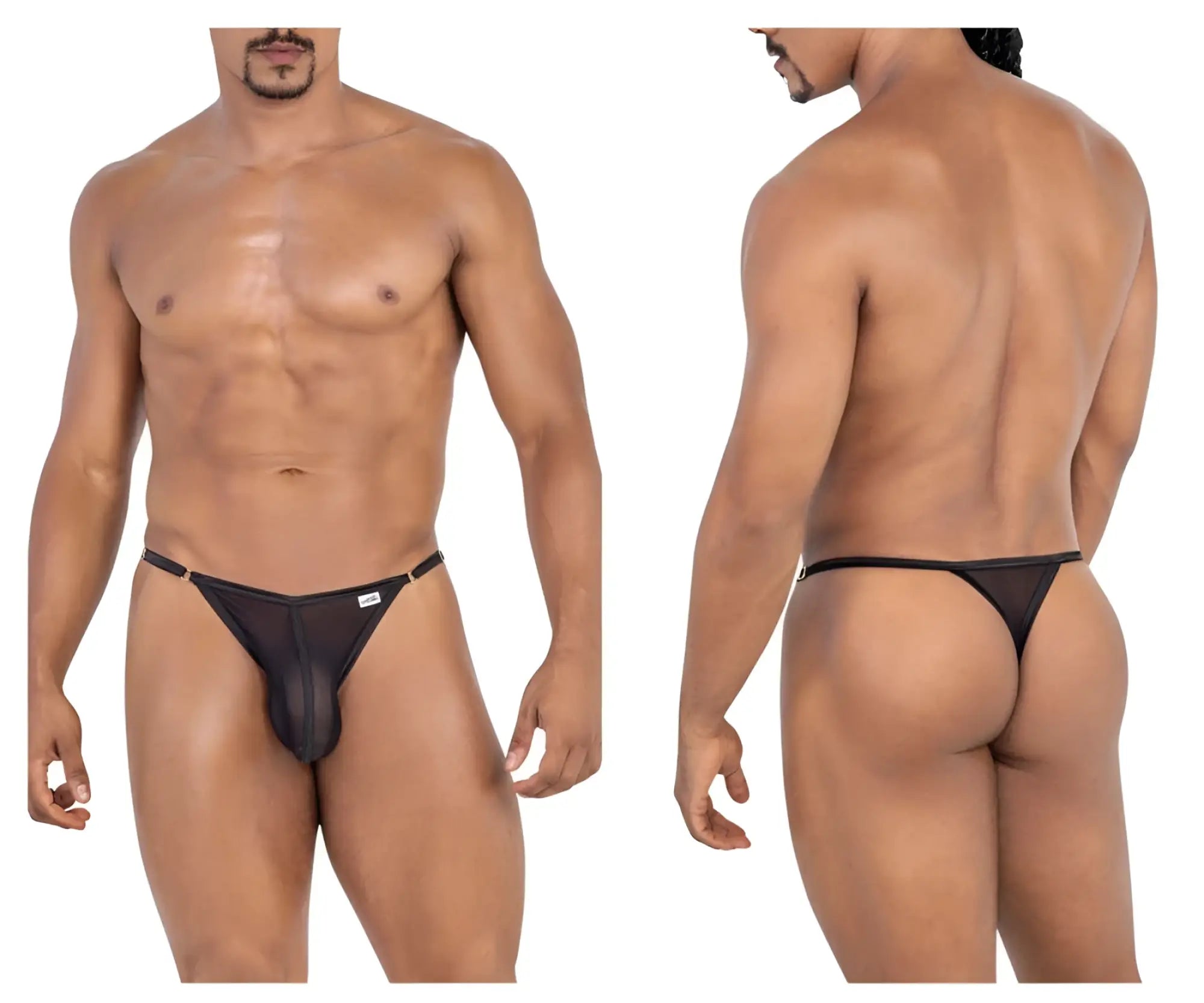 Black sheer mesh thong candyMan 99776 with a small white logo on the sideband in black color