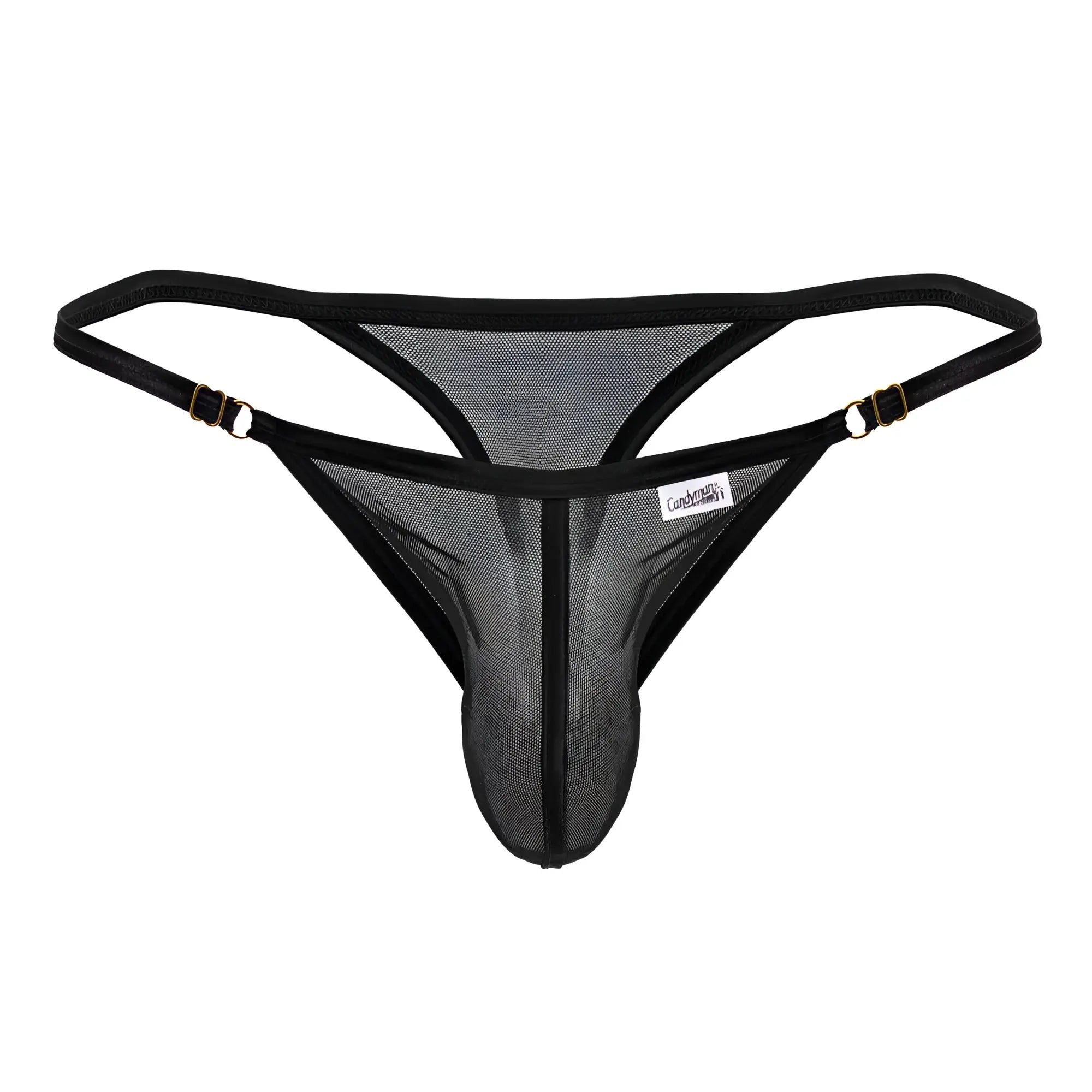 Black mesh thong CandyMan 99776 with adjustable straps and gold-tone metal clasps in black color