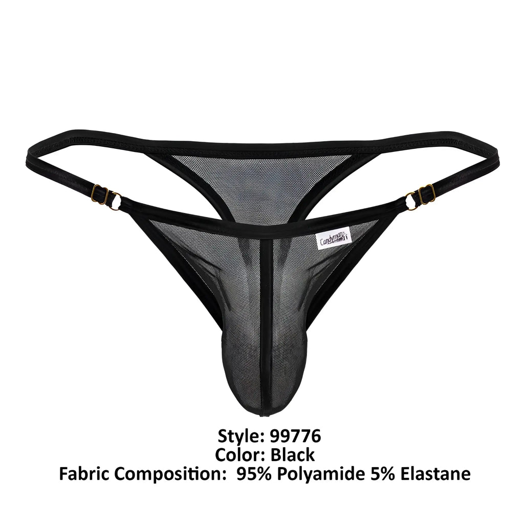Black mesh thong with black elastic straps and gold-tone metal clasps from candyman 99776 collection