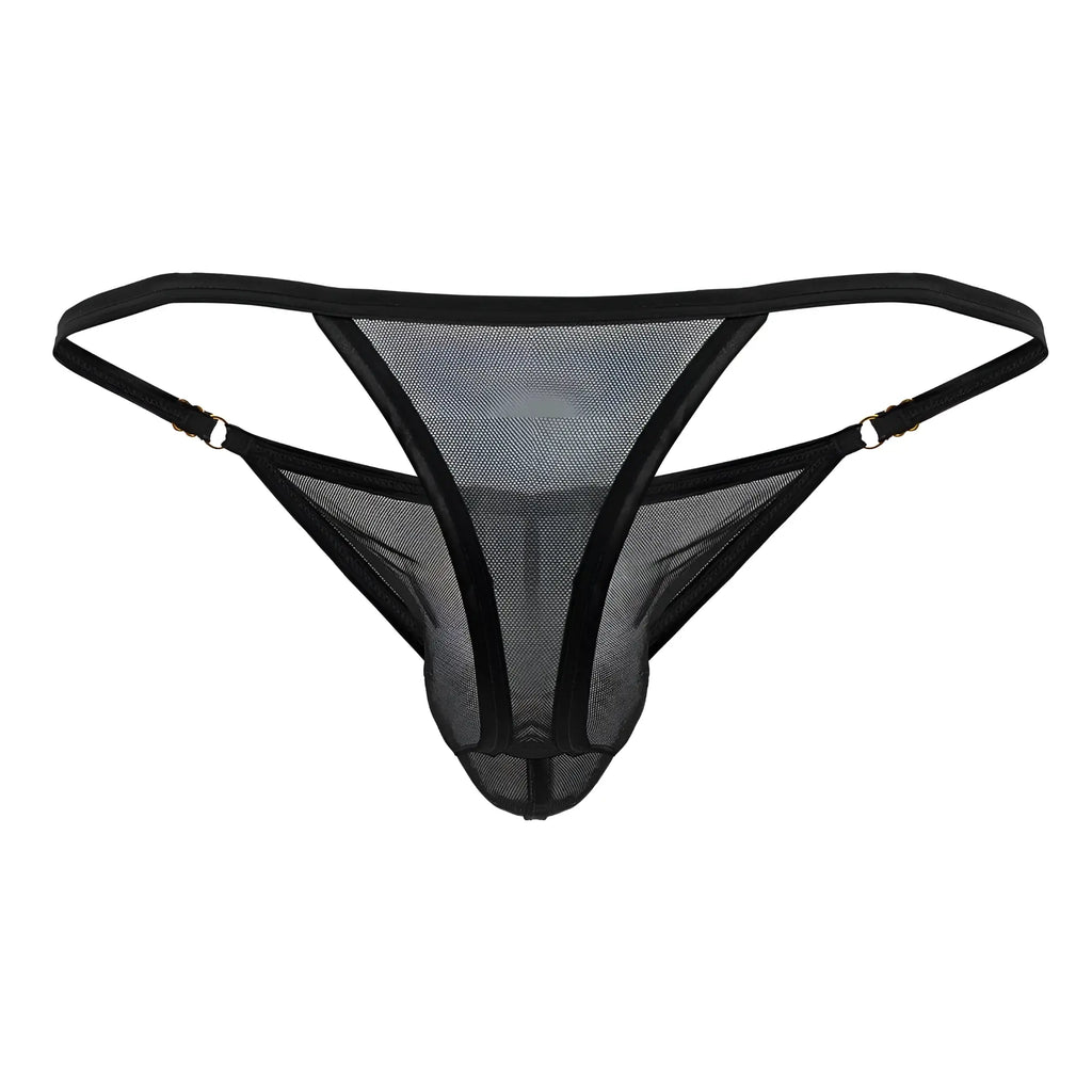 Black mesh thong candyMan 99776 with reinforced elastic straps and metallic clasps for secure fit