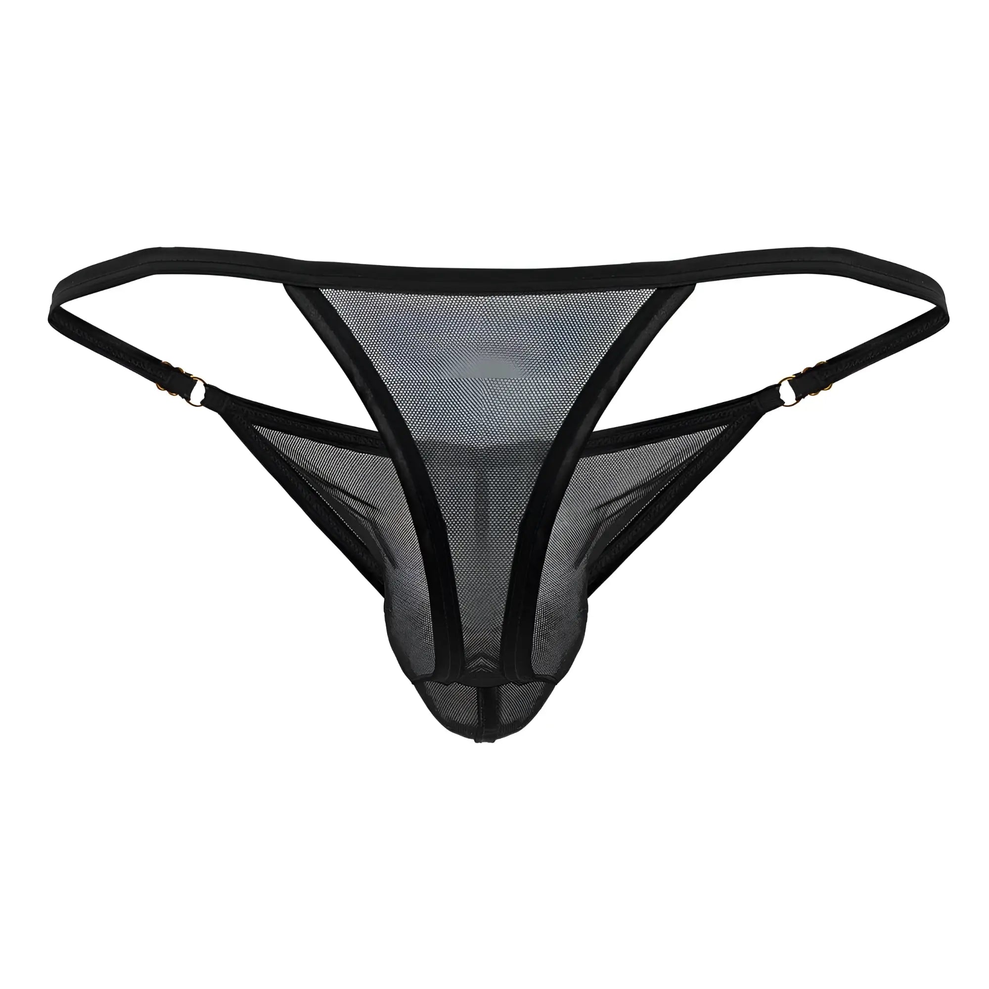 Black mesh thong candyMan 99776 with reinforced elastic straps and metallic clasps for secure fit