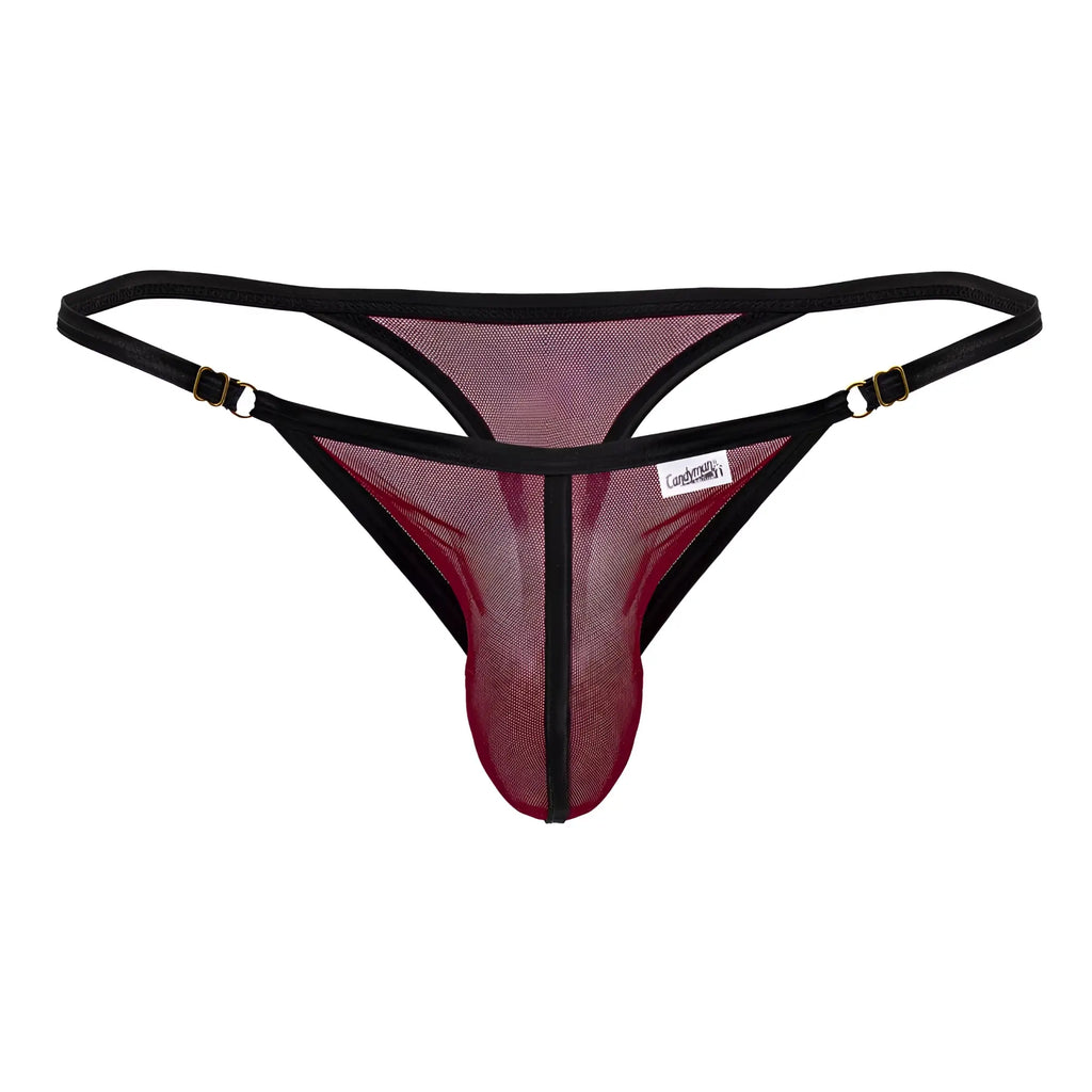 CandyMan 99776 burgundy mesh thong with black and maroon adjustable straps and gold-tone clasps shown from back