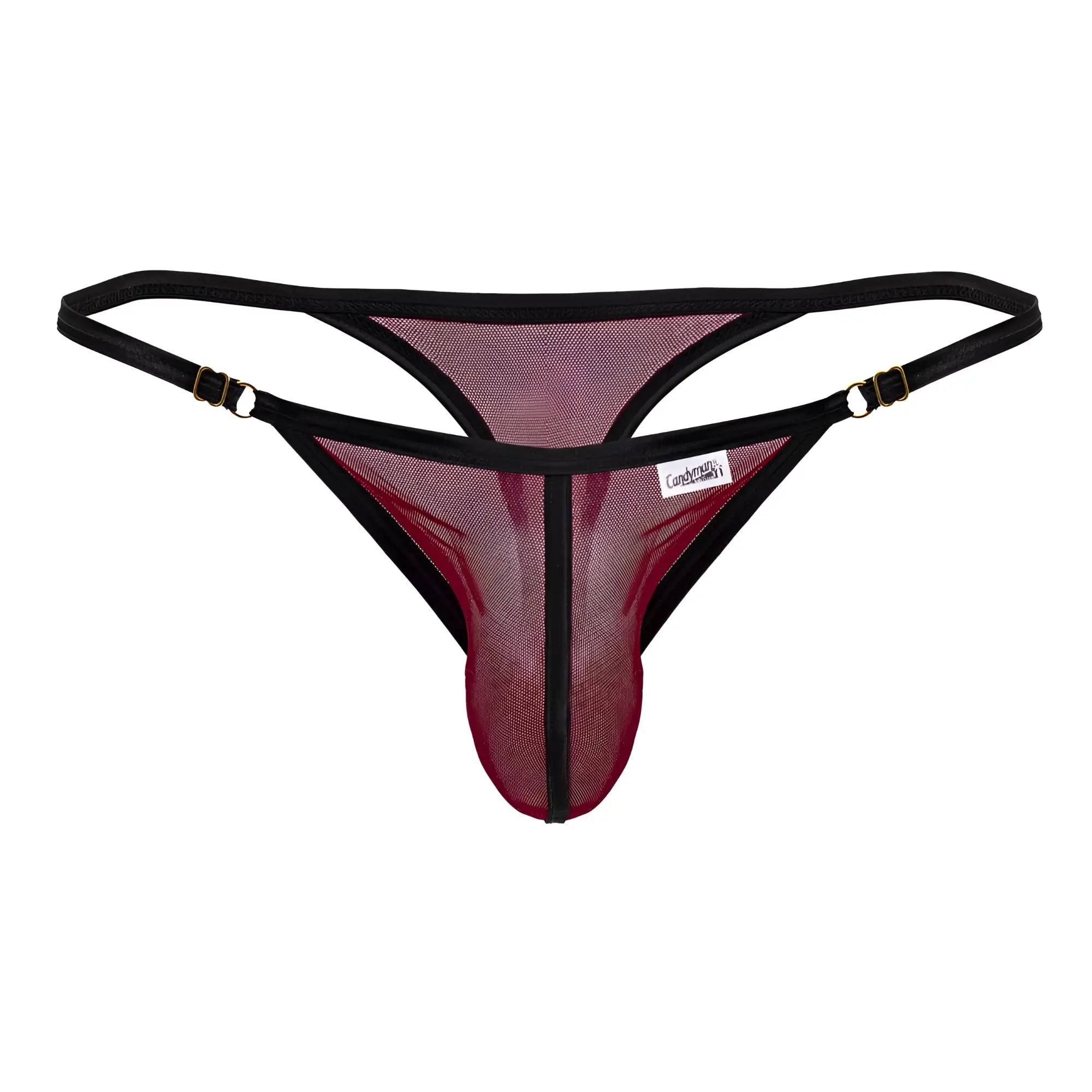 CandyMan 99776 burgundy mesh thong with black and maroon adjustable straps and gold-tone clasps shown from back