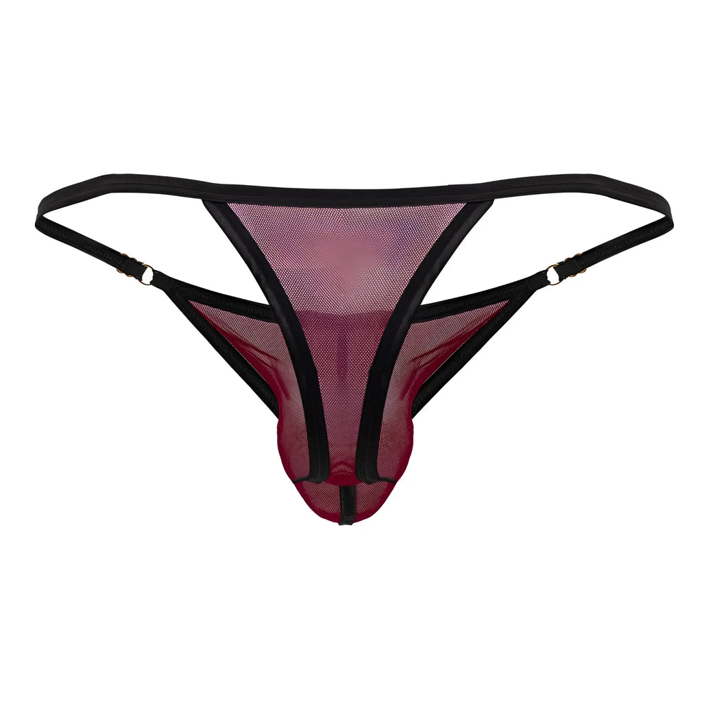 CandyMan 99776 mesh thong in burgundy with black reinforced trim and breathable mesh fabric