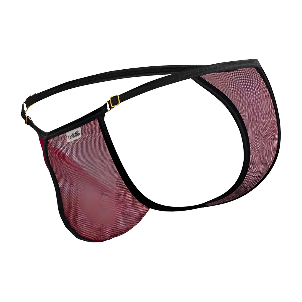 A candyman 99776 mesh thong in burgundy with black trim and gold-tone hardware for men