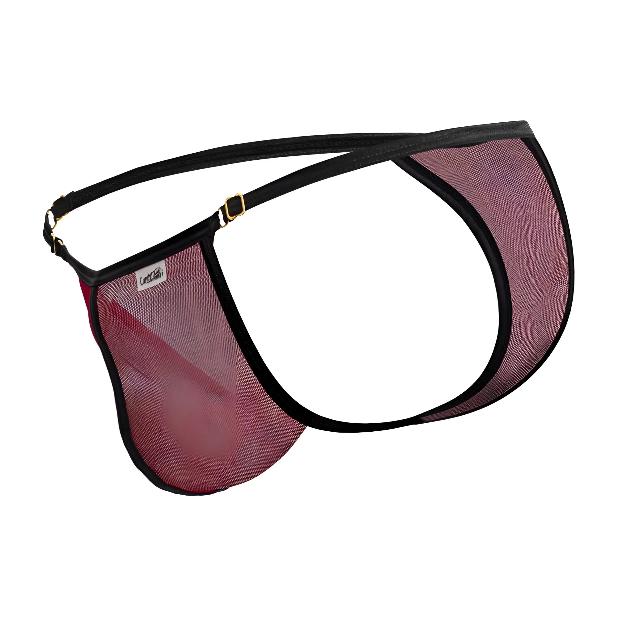 A candyman 99776 mesh thong in burgundy with black trim and gold-tone hardware for men