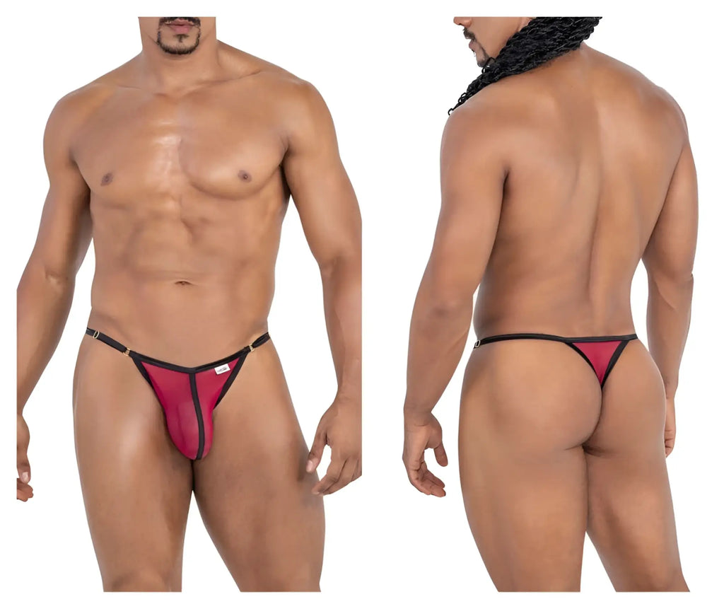 CandyMan 99776 mesh thong in burgundy with sleek, form-fitting red and black design shown from the back side