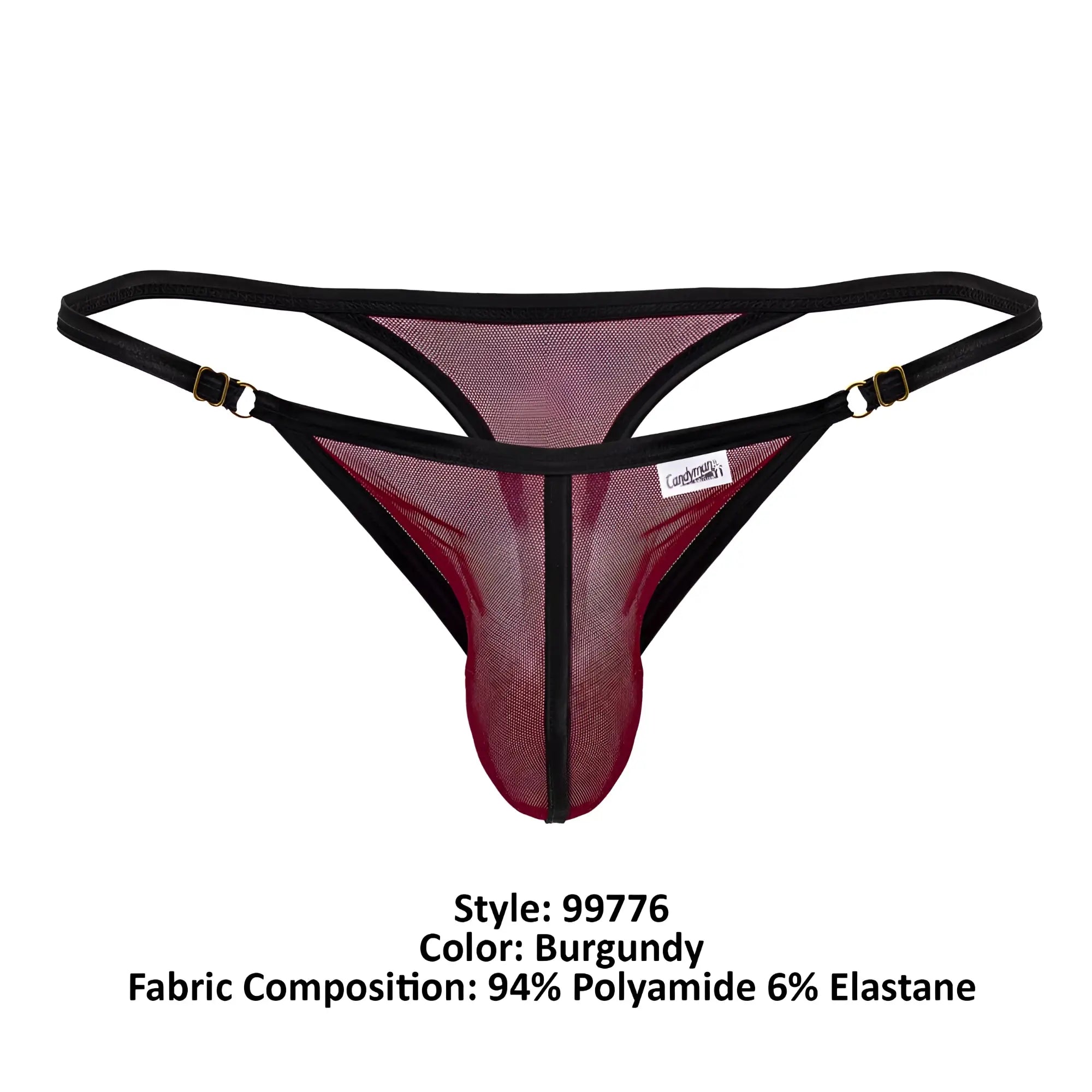 CandyMan 99776 mesh thong in burgundy with black trim and gold-tone hardware showing front view