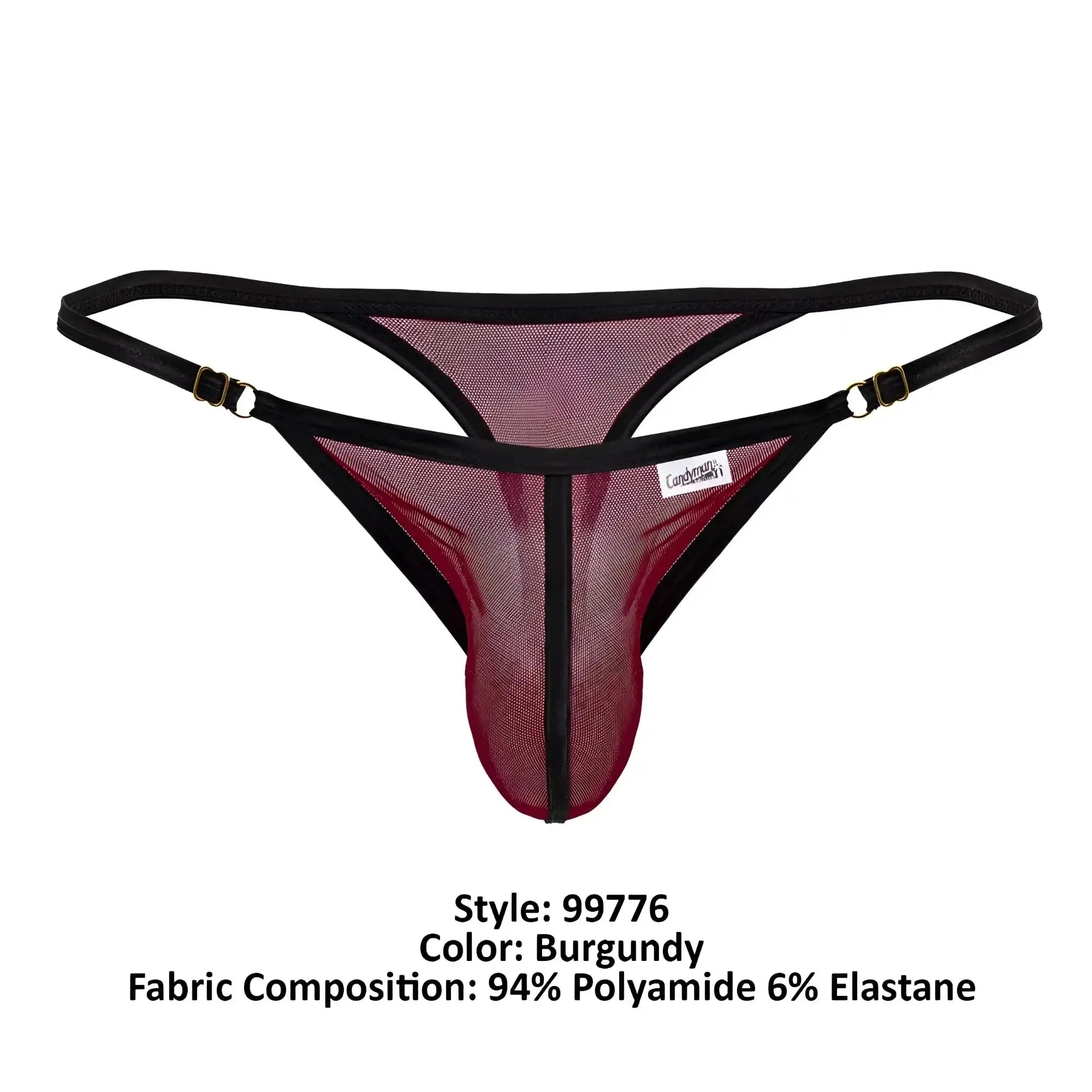 CandyMan 99776 mesh thong in burgundy with black trim and gold-tone hardware showing front view