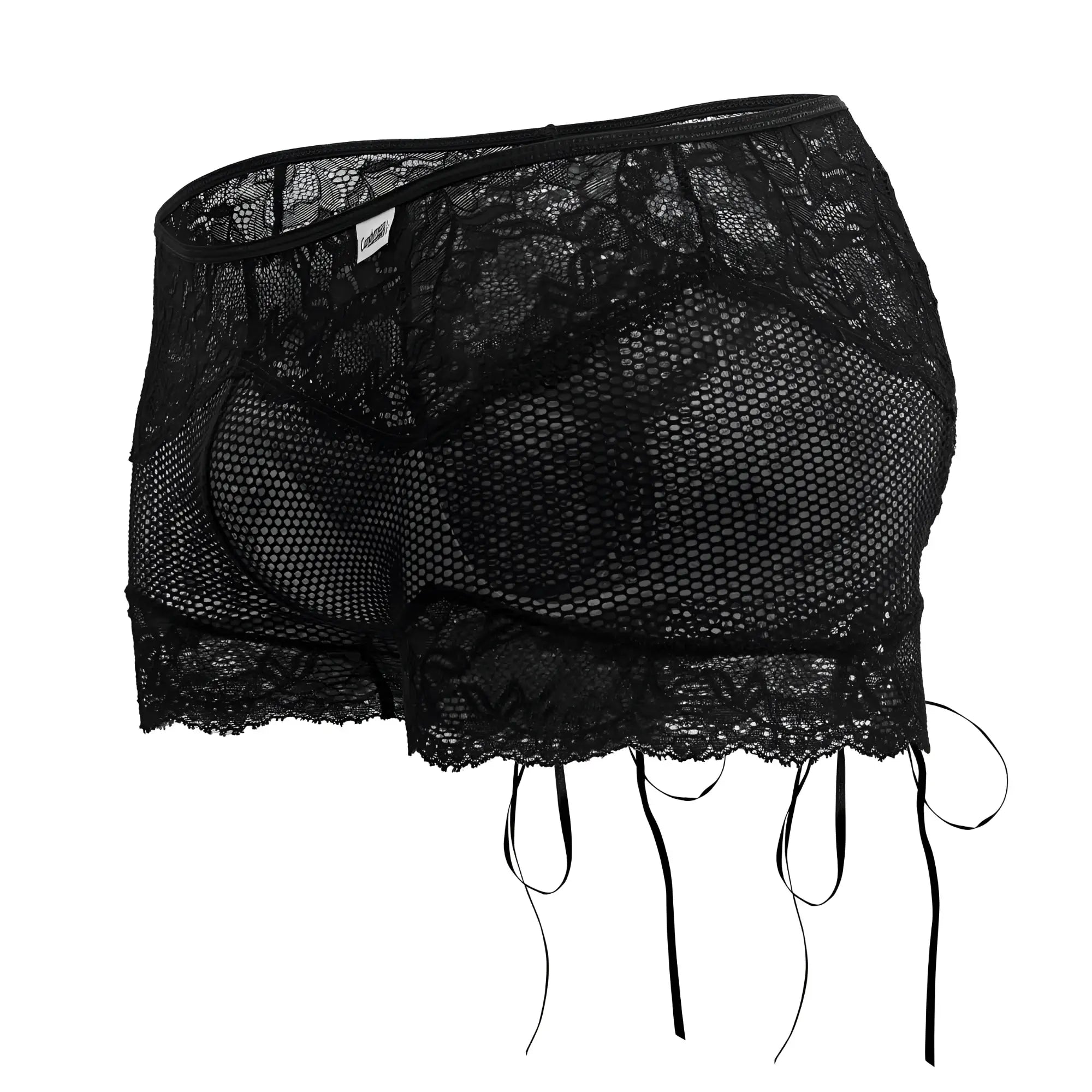 Black lace and mesh CandyMan 99779 trunks with adjustable side ties in black shown from the back side