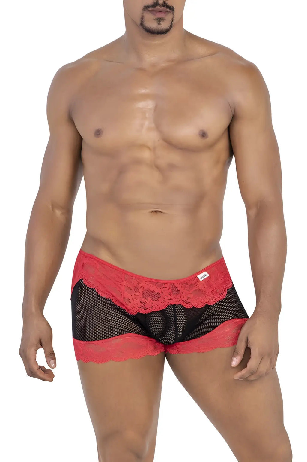 Candyman 99779 black red mesh lace trunks featuring breathable mesh fabric and delicate lace trim detailing