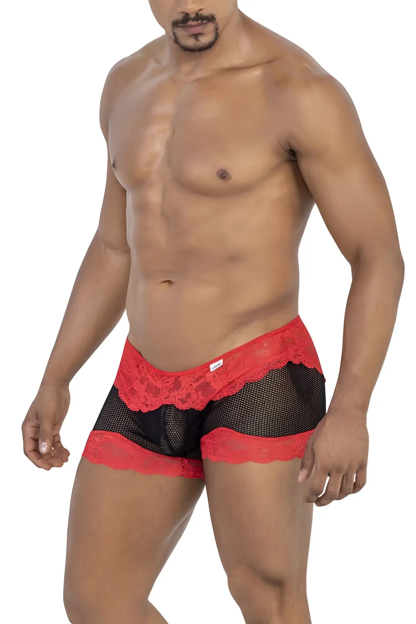 Candyman 99779 black and red mesh lace trunks featuring lace trim and breathable mesh fabric for comfortable wear