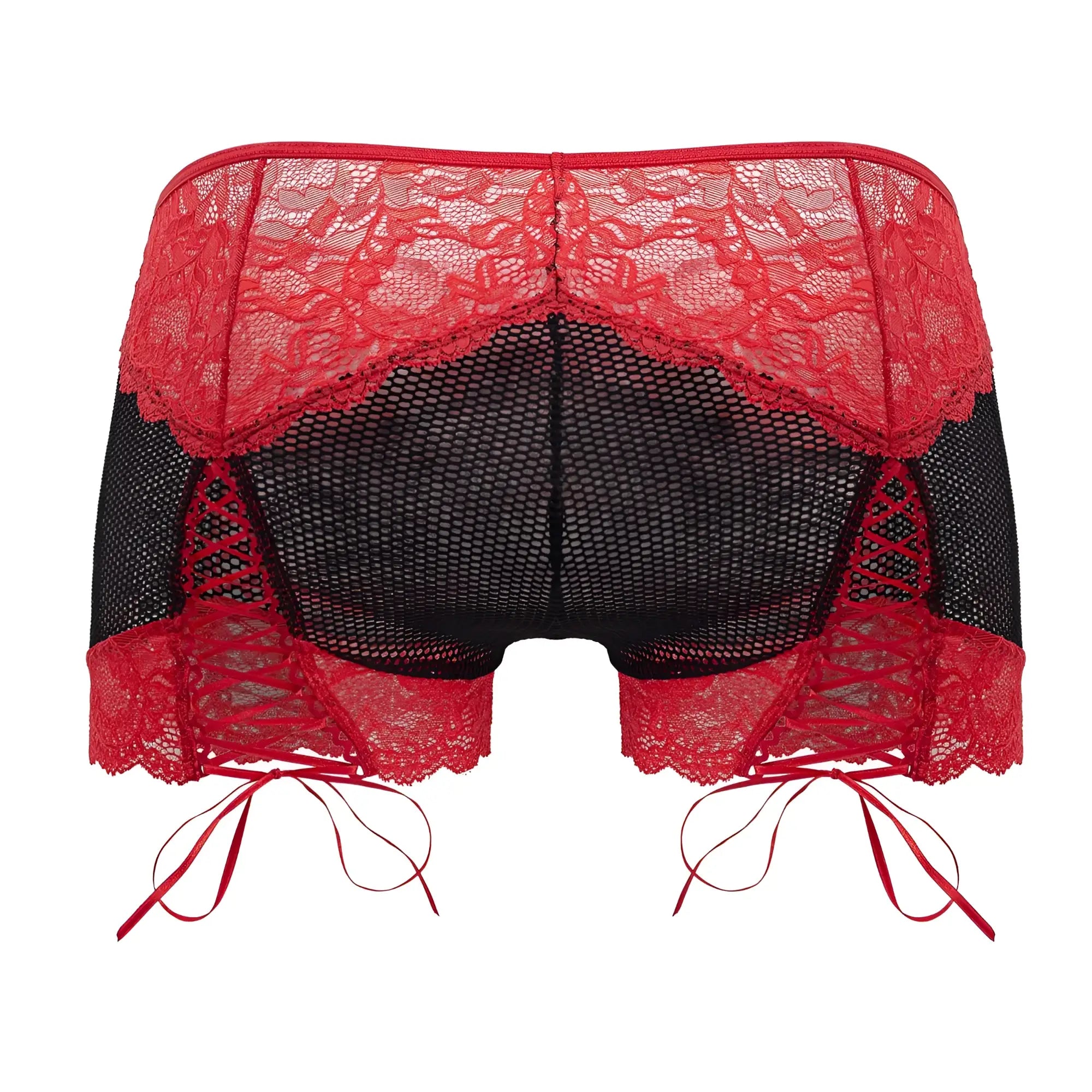 Red and black lace-trimmed mesh briefs with adjustable side ties from candyman 99779 in black color