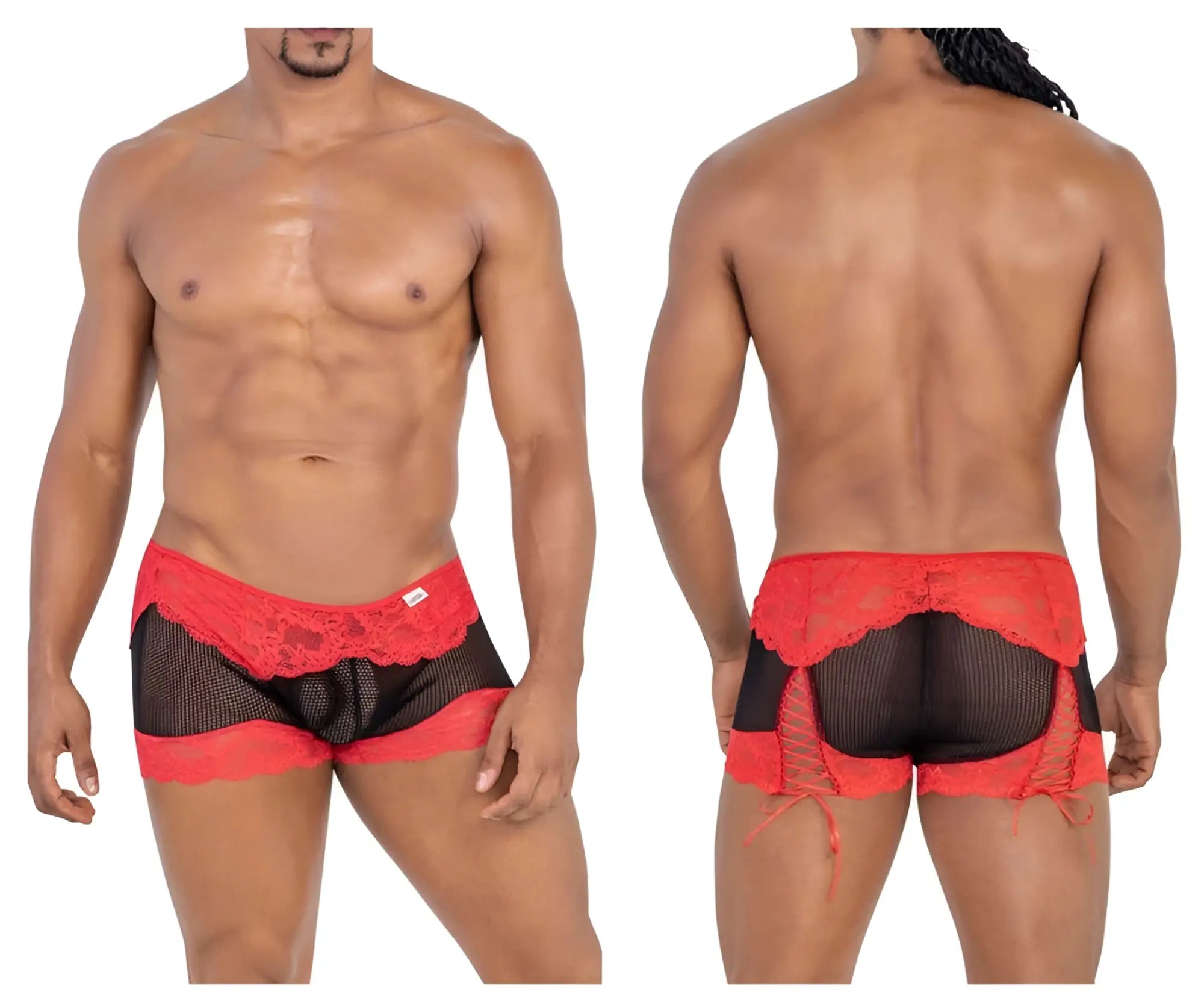 Candyman 99779 black mesh lace trunks with red lace trim black panels and side ties for a stylish fit