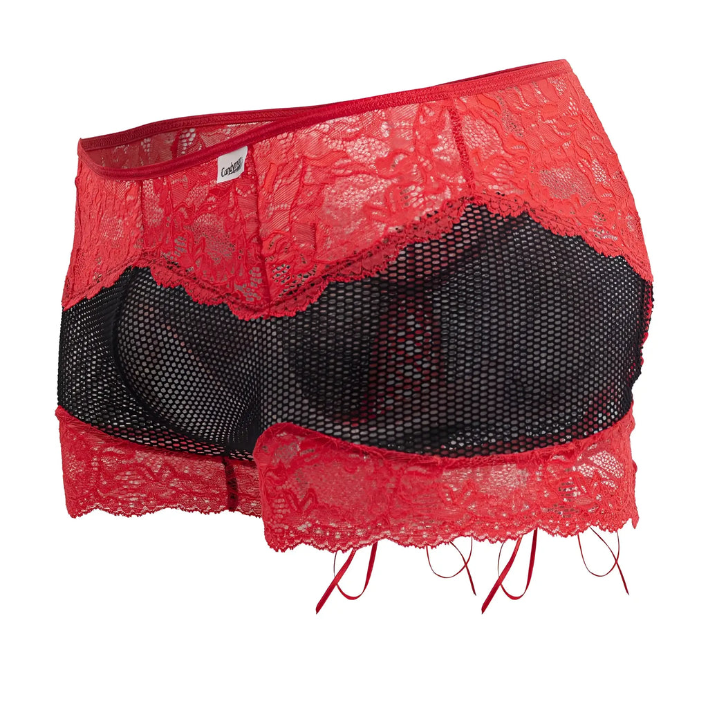 Red and black lace-trimmed mesh briefs with scalloped edge from candyman 99779 mesh lace trunks in black
