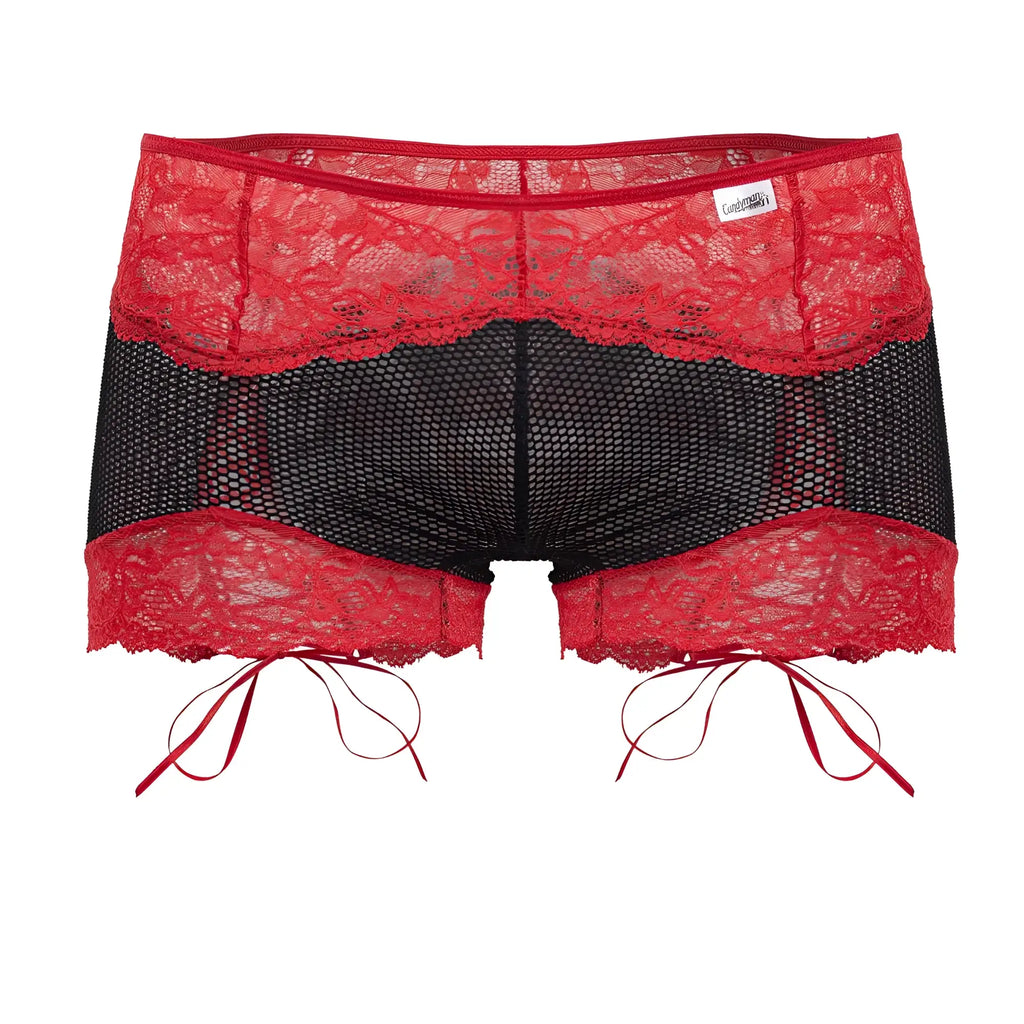 CandyMan 99779 black and red mesh lace trunks with red ribbon ties and lace trim for stylish men’s underwear