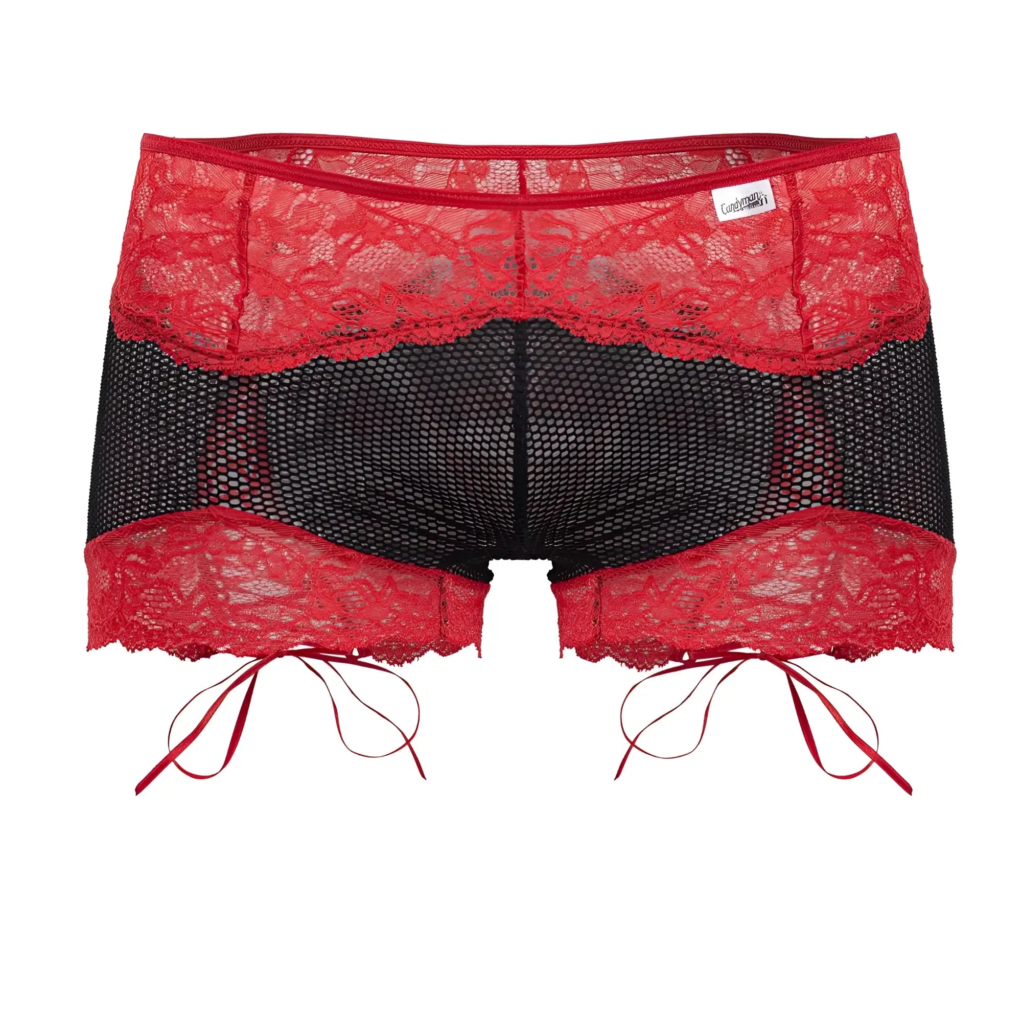 CandyMan 99779 black and red mesh lace trunks with red ribbon ties and lace trim for stylish men’s underwear
