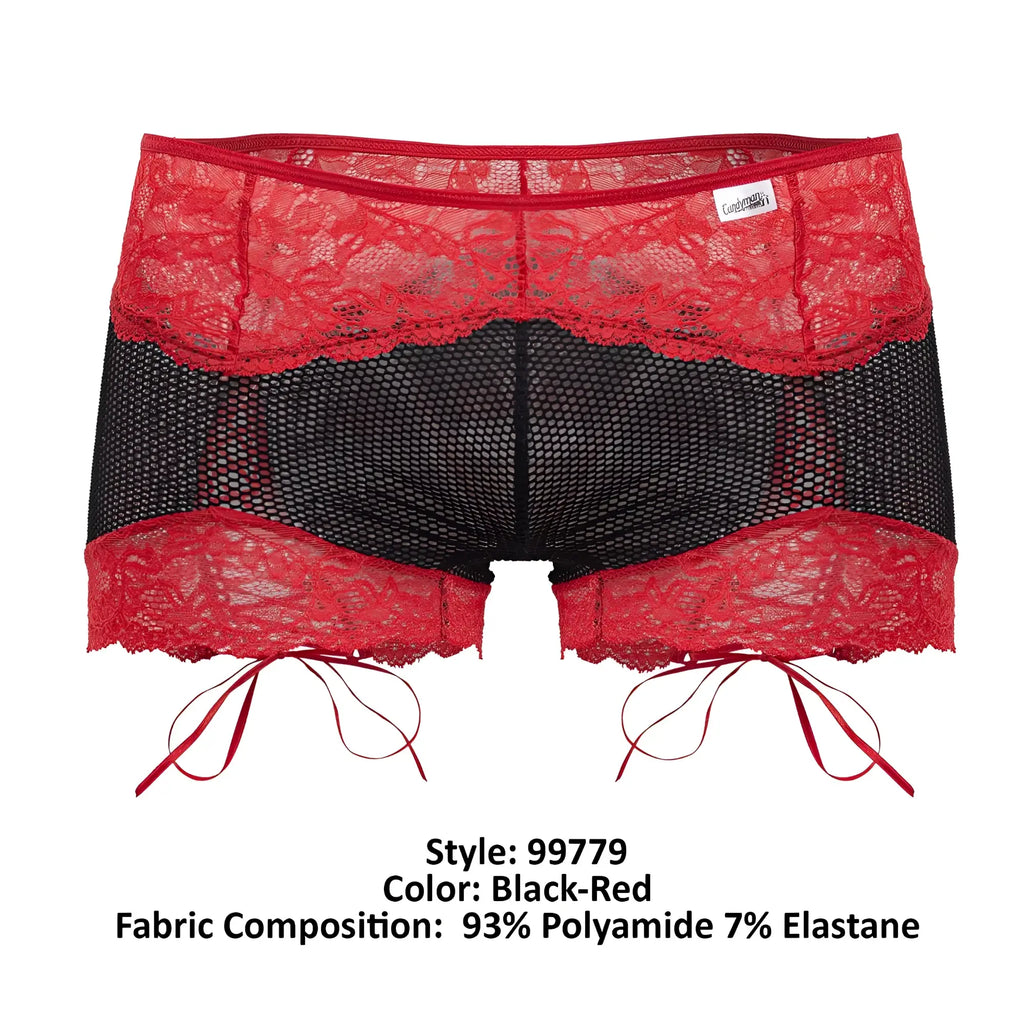 CandyMan 99779 black and red mesh lace trunks with lace trim and red tie strings for men