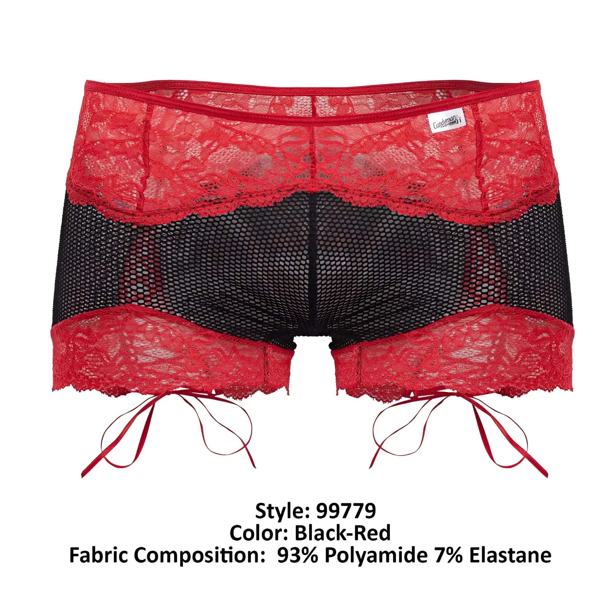 CandyMan 99779 black and red mesh lace trunks with lace trim and red tie strings for men