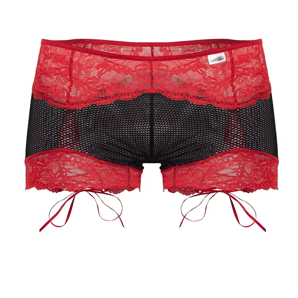Candyman 99779 black mesh lace trunks with red lace trim and matching red ribbon ties for stylish wear