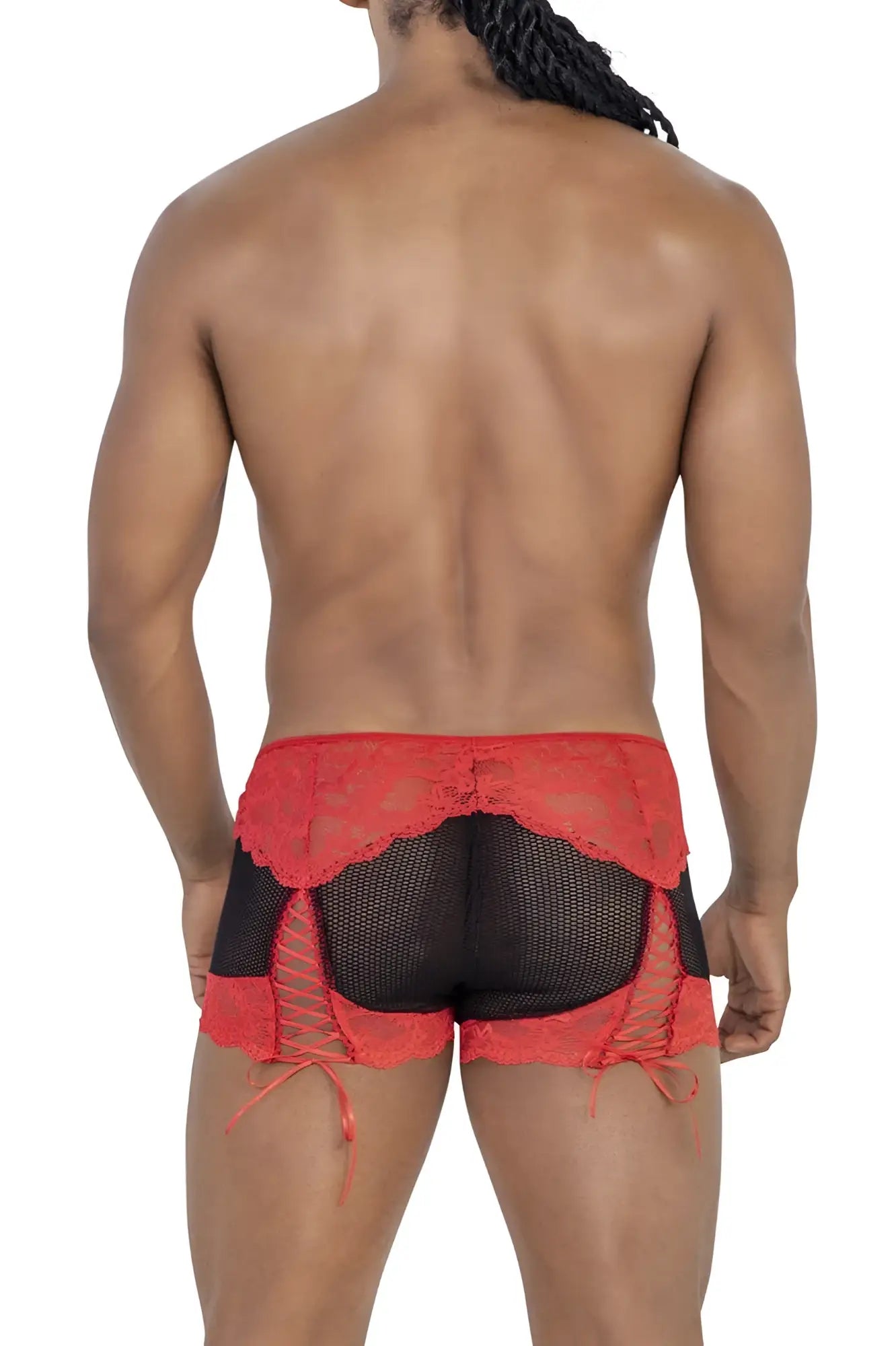Red lace-trimmed mesh briefs with side ties in black from candyman 99779 mesh lace trunks collection