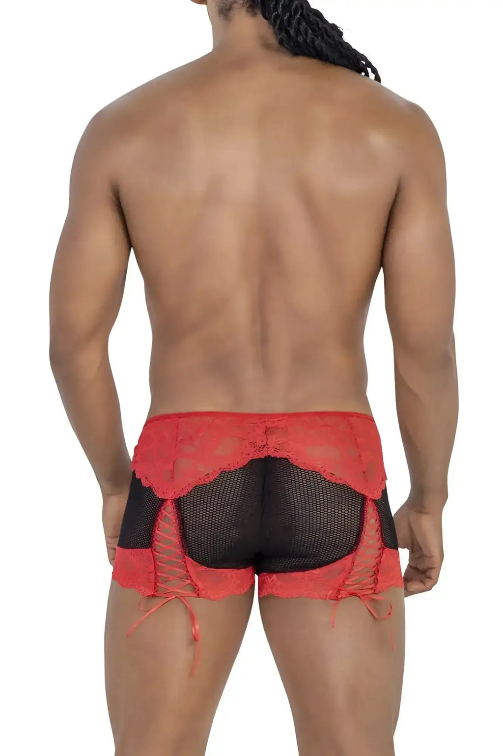 Red lace-trimmed mesh briefs with side ties in black from candyman 99779 mesh lace trunks collection