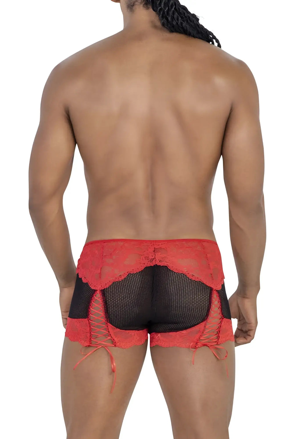 Red lace-trimmed mesh briefs with side ties from candyman 99779 in black and red color combination