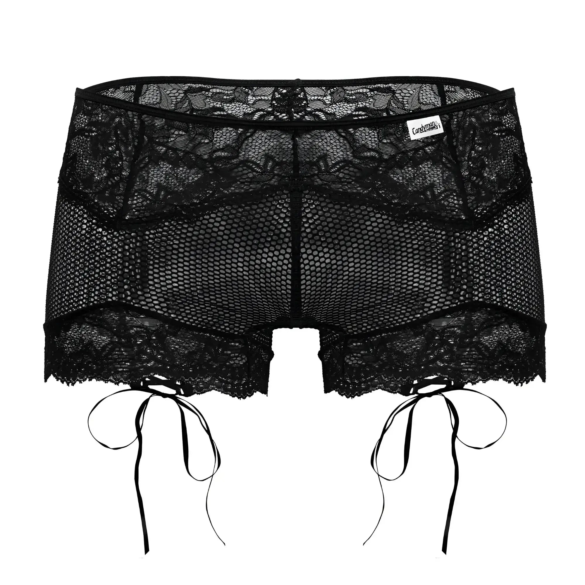 Black candyMan 99779 mesh lace trunks with tied side ties and mesh panel for stylish comfortable wear