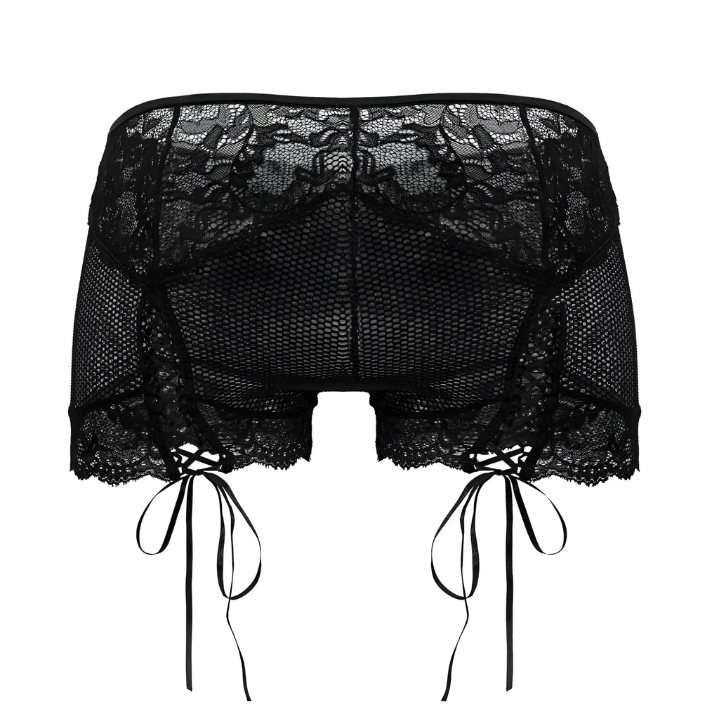 Black lace shorts candyMan 99779 with mesh panel and tied ribbon ties in black color for stylish wear