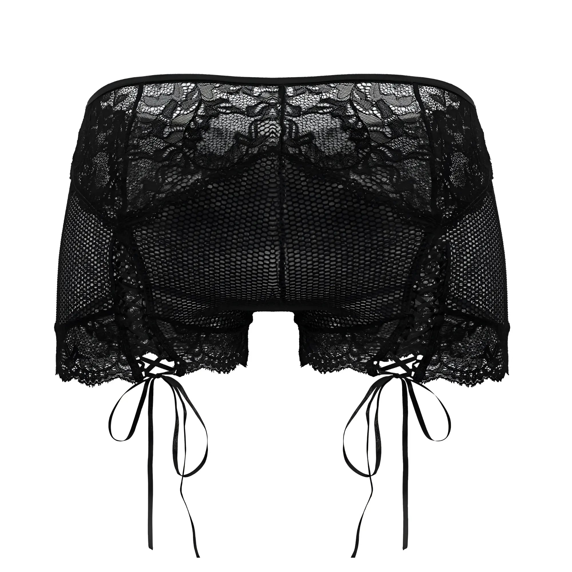 Black lace shorts candyMan 99779 with mesh panel and tied ribbon ties in black color for stylish wear