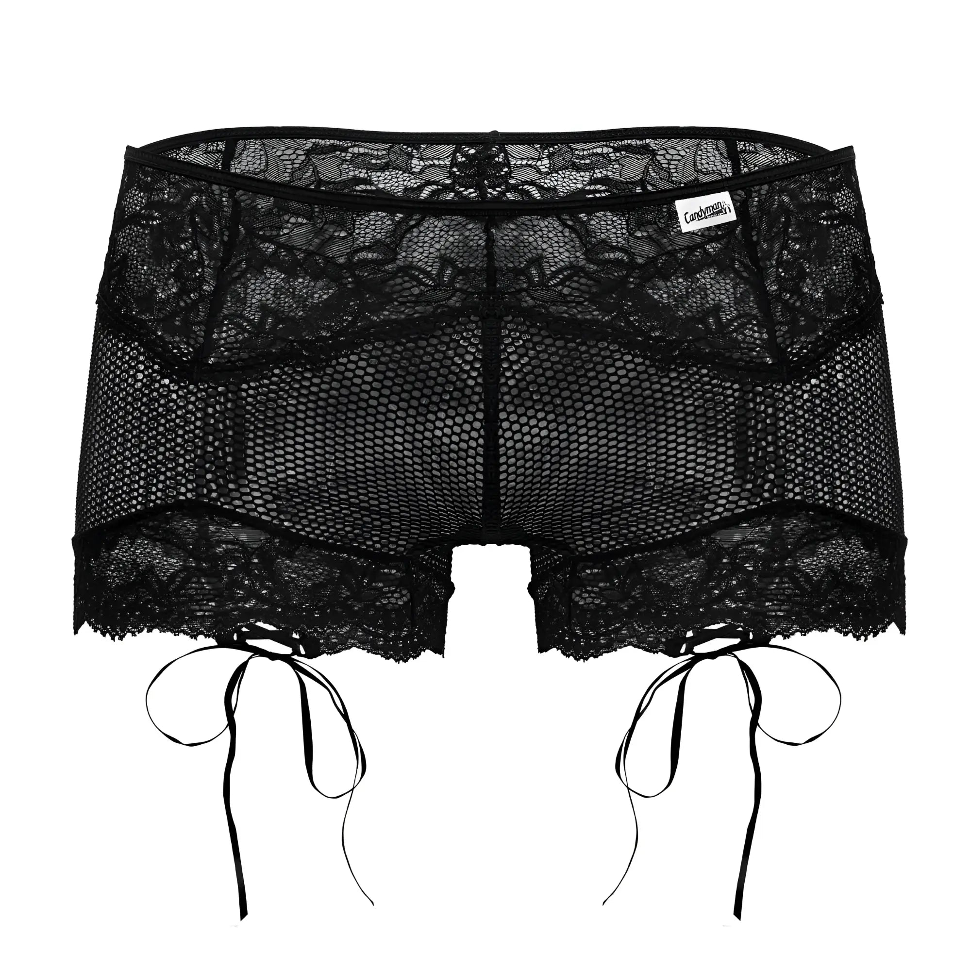 Black candyMan 99779 mesh lace trunks with tied side ties and mesh panel for stylish comfortable wear