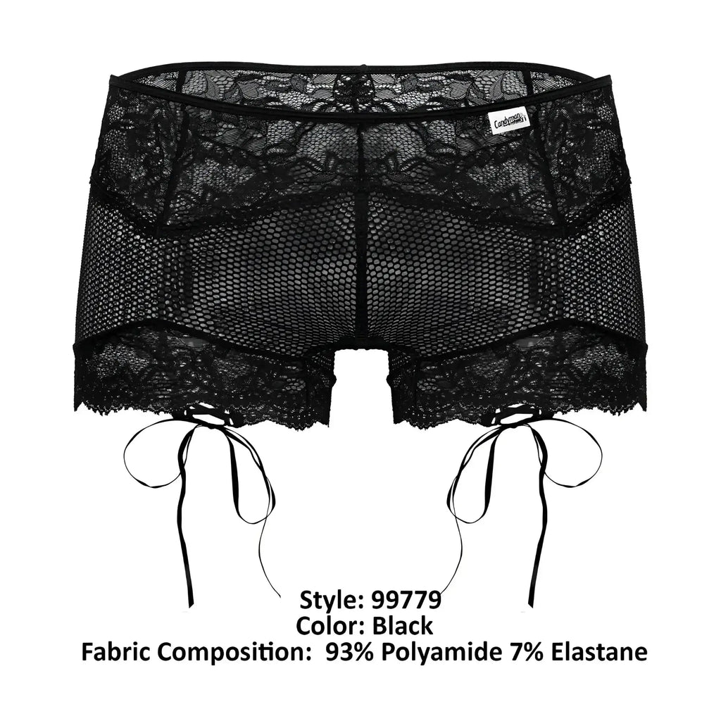 Black lace-trimmed mesh shorts with adjustable side ties candyMan 99779 mesh lace trunks color black