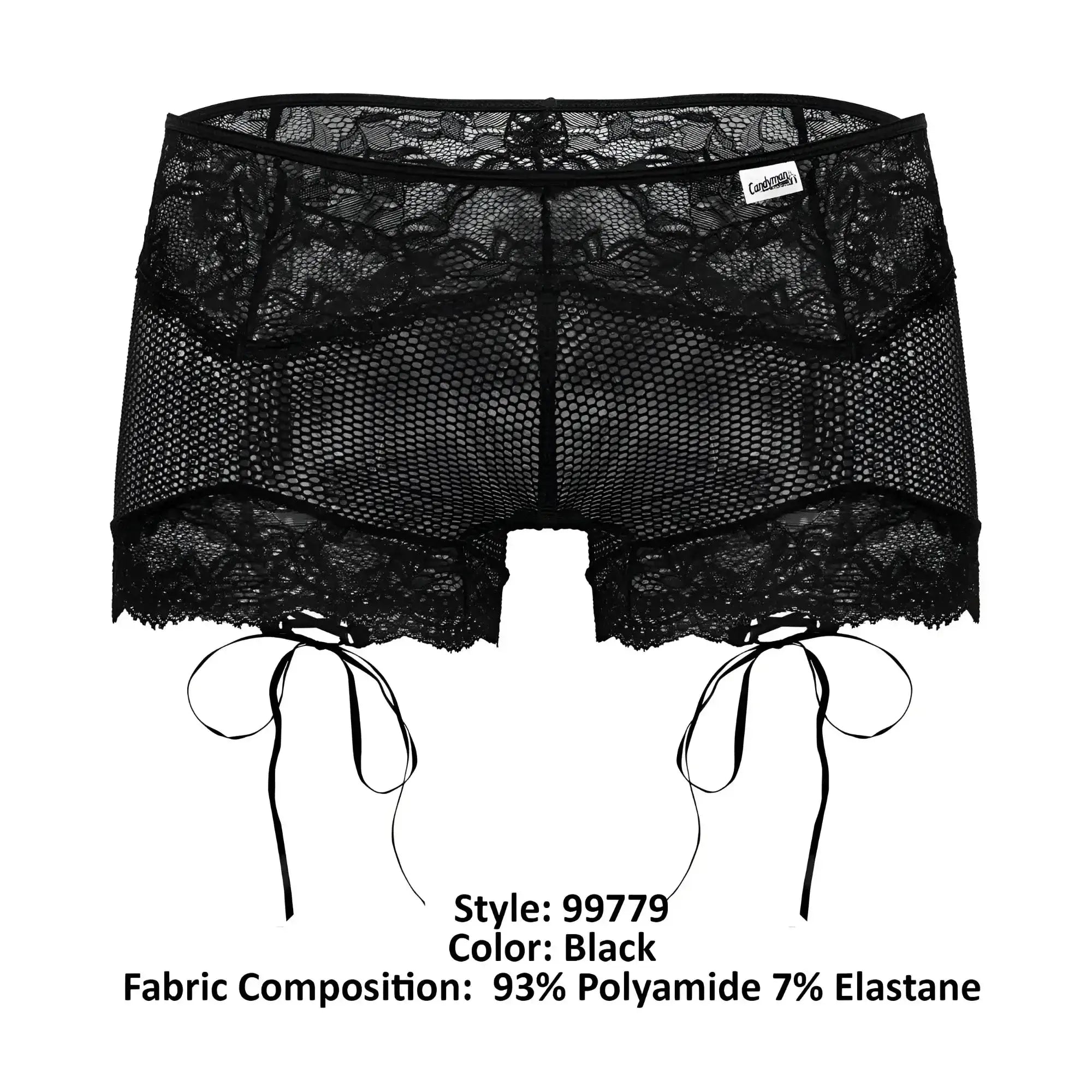Black lace-trimmed mesh shorts with adjustable side ties candyMan 99779 mesh lace trunks color black