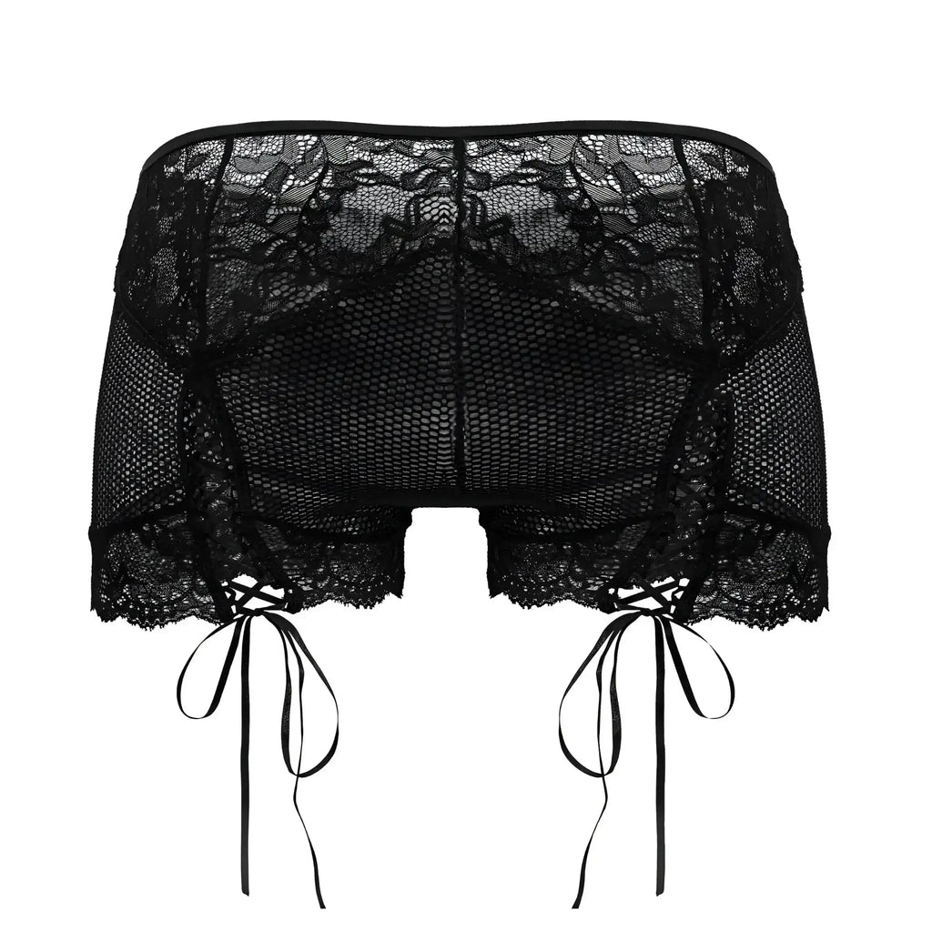 Black lace shorts candyMan 99779 with mesh panel and tied ribbon ties in black color for stylish wear