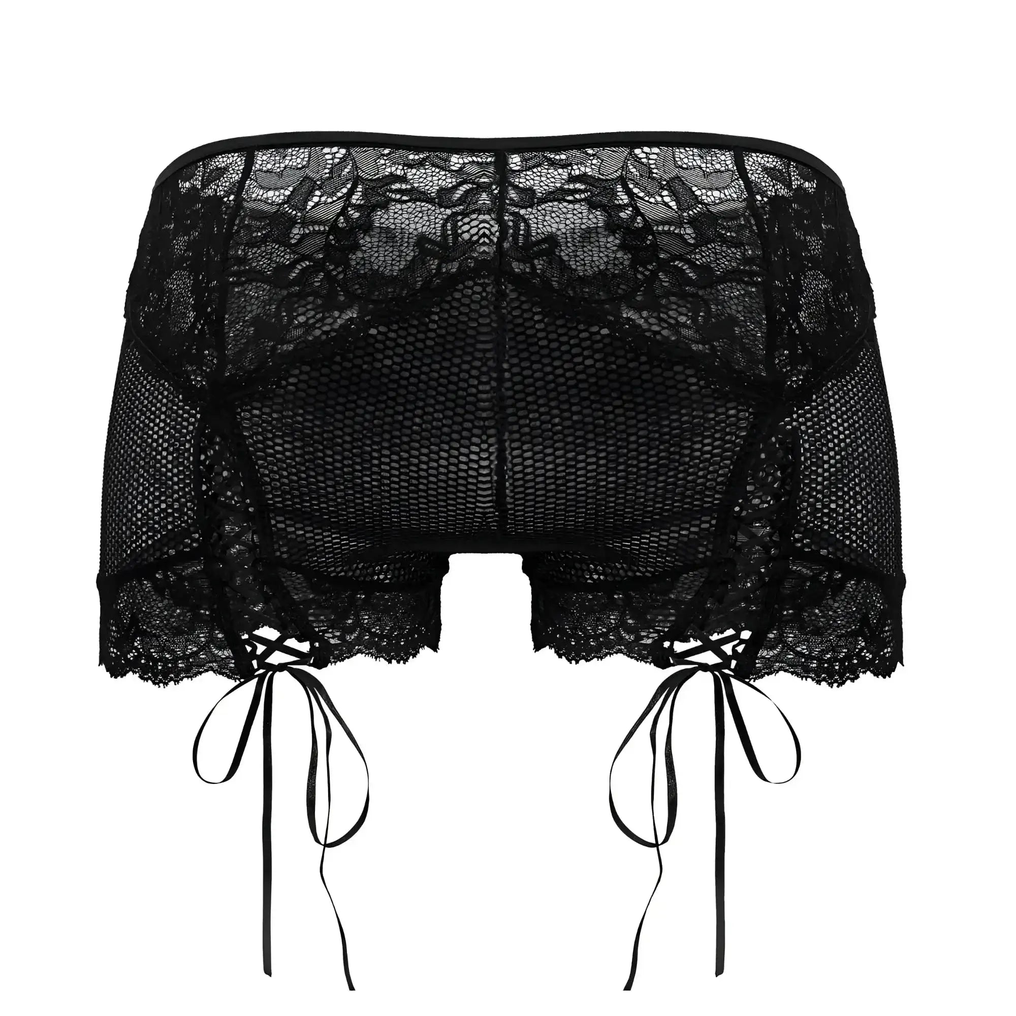 Black lace shorts candyMan 99779 with mesh panel and tied ribbon ties in black color for stylish wear