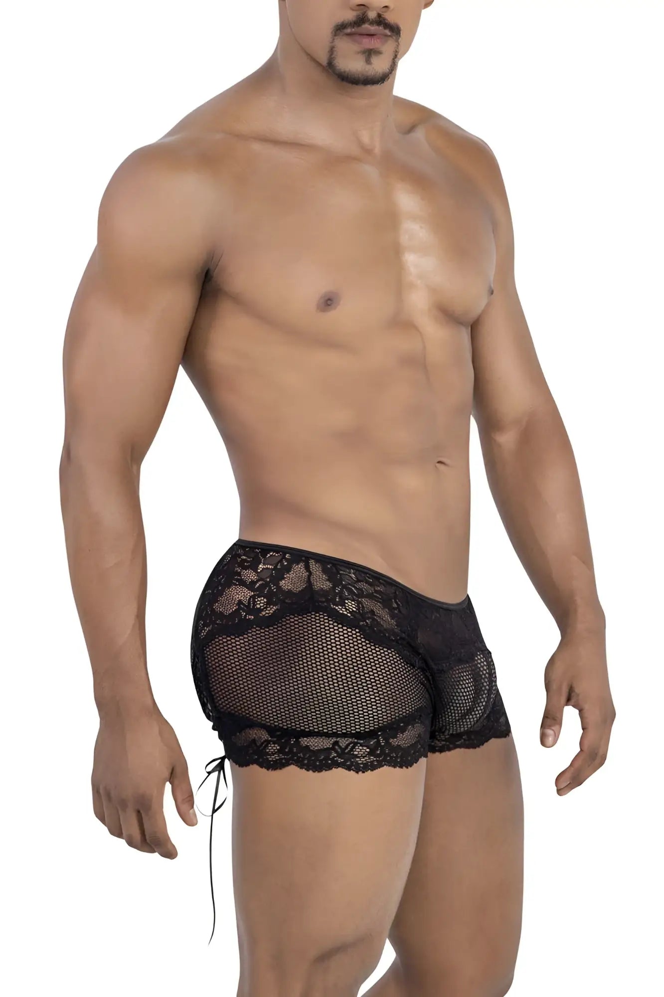 Black candyMan 99779 mesh lace trunks featuring sheer lace-trimmed briefs with delicate side ties