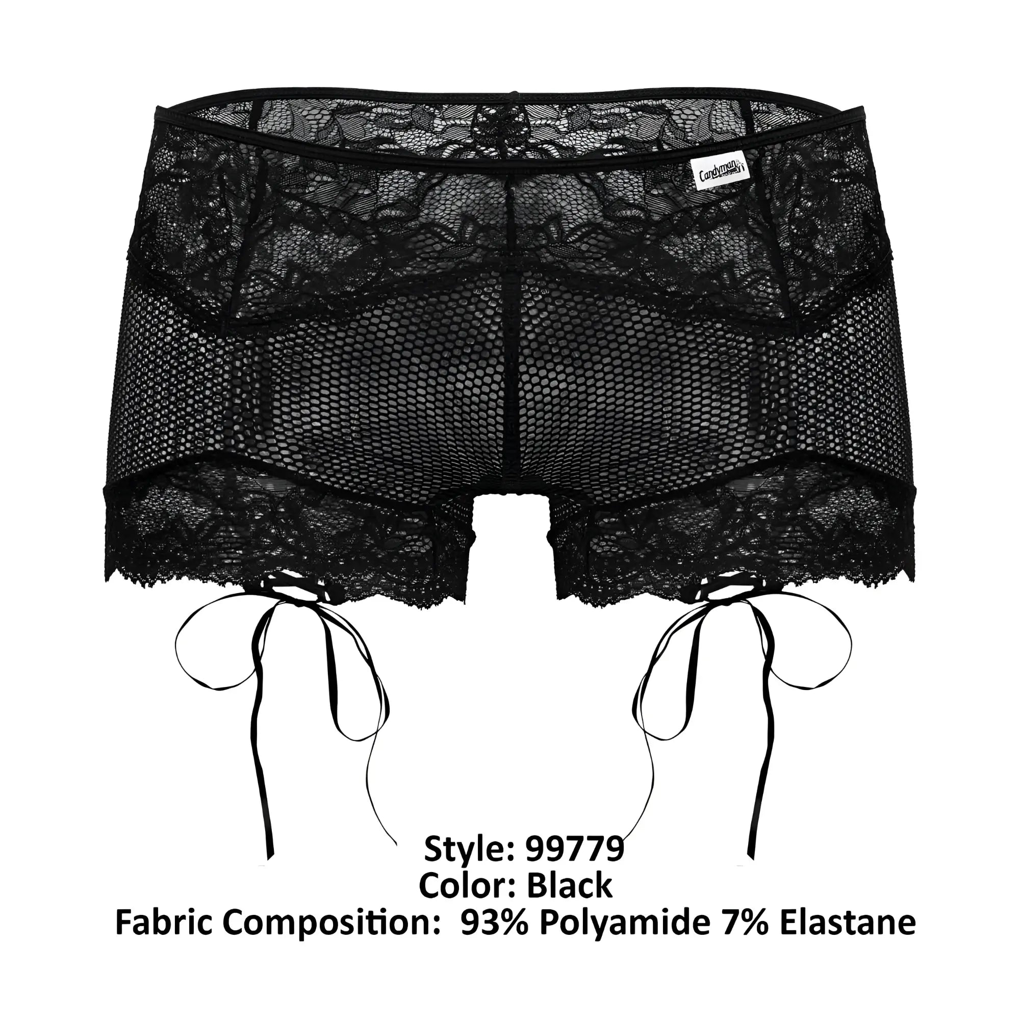 Black lace-trimmed mesh shorts with adjustable side ties candyMan 99779 mesh lace trunks color black
