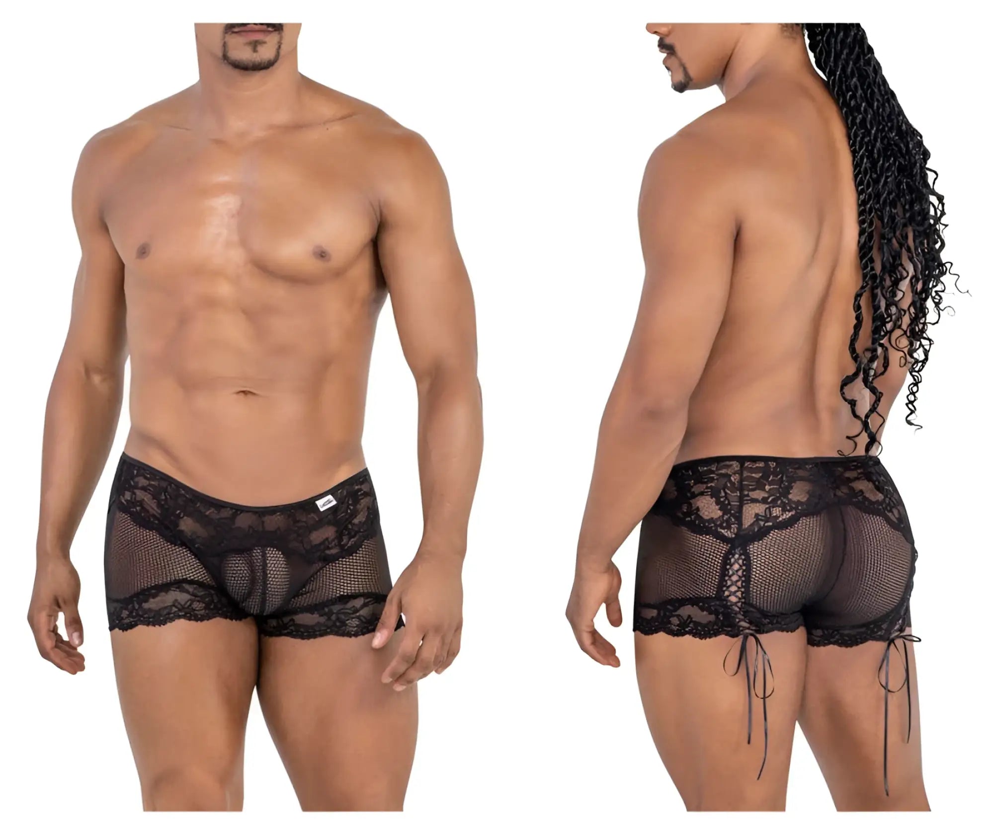 Black lace-trimmed mesh briefs with side ties in black color from Candyman 99779 mesh lace trunks collection