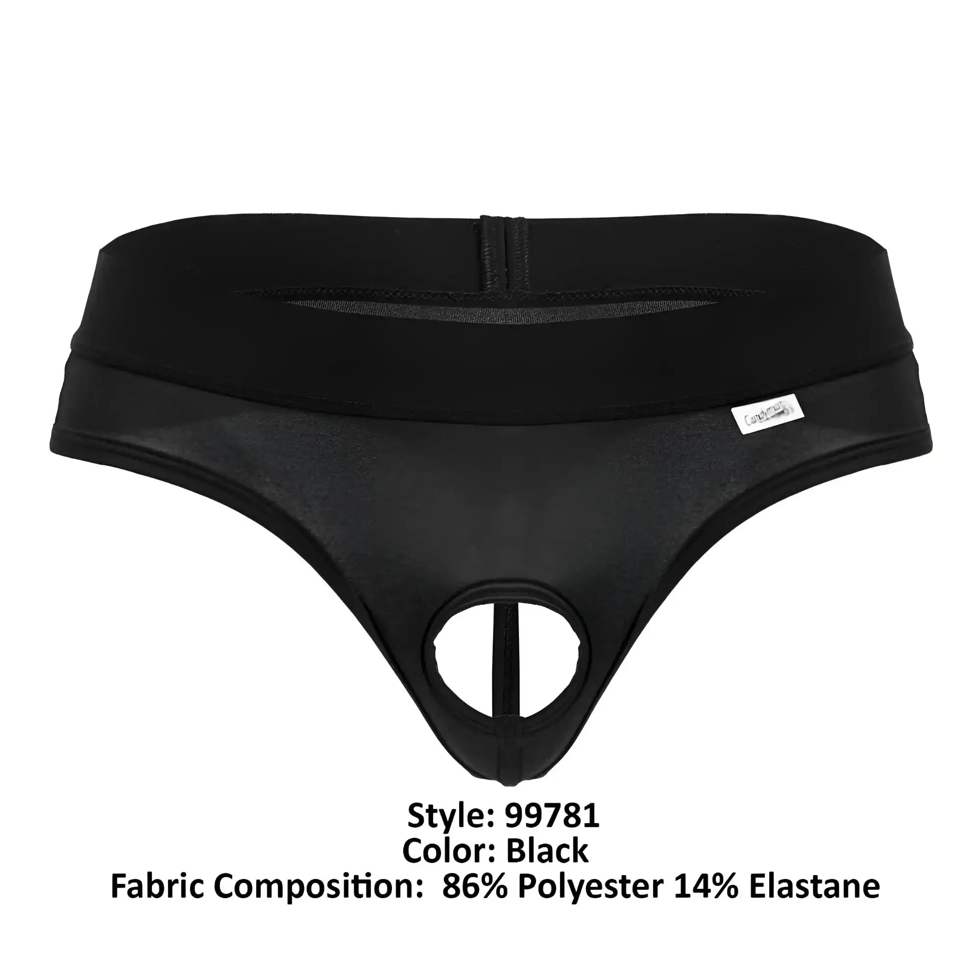 Black candyMan 99781 protuder thong with central cutout elastic waistband made of 86 polyester 14 elastane
