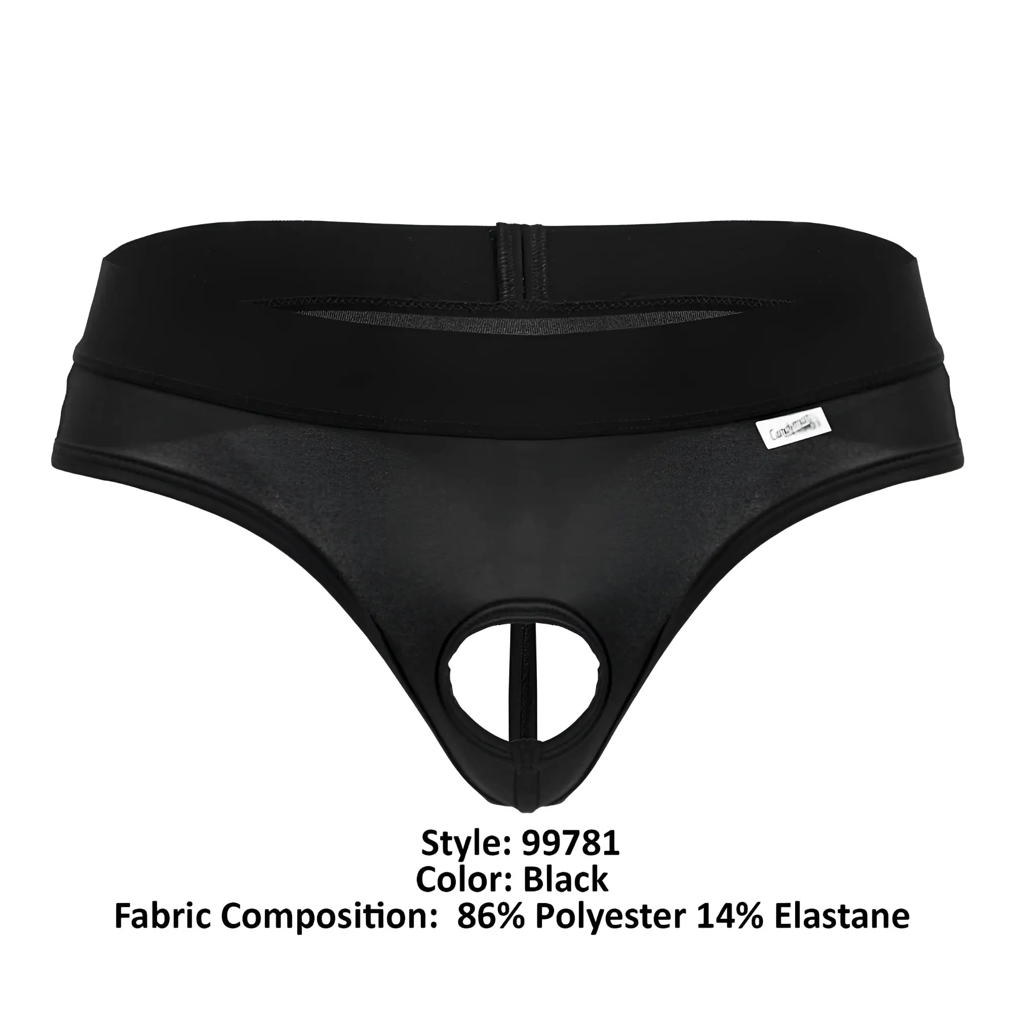 Black candyMan 99781 protuder thong with central cutout elastic waistband made of 86 polyester 14 elastane