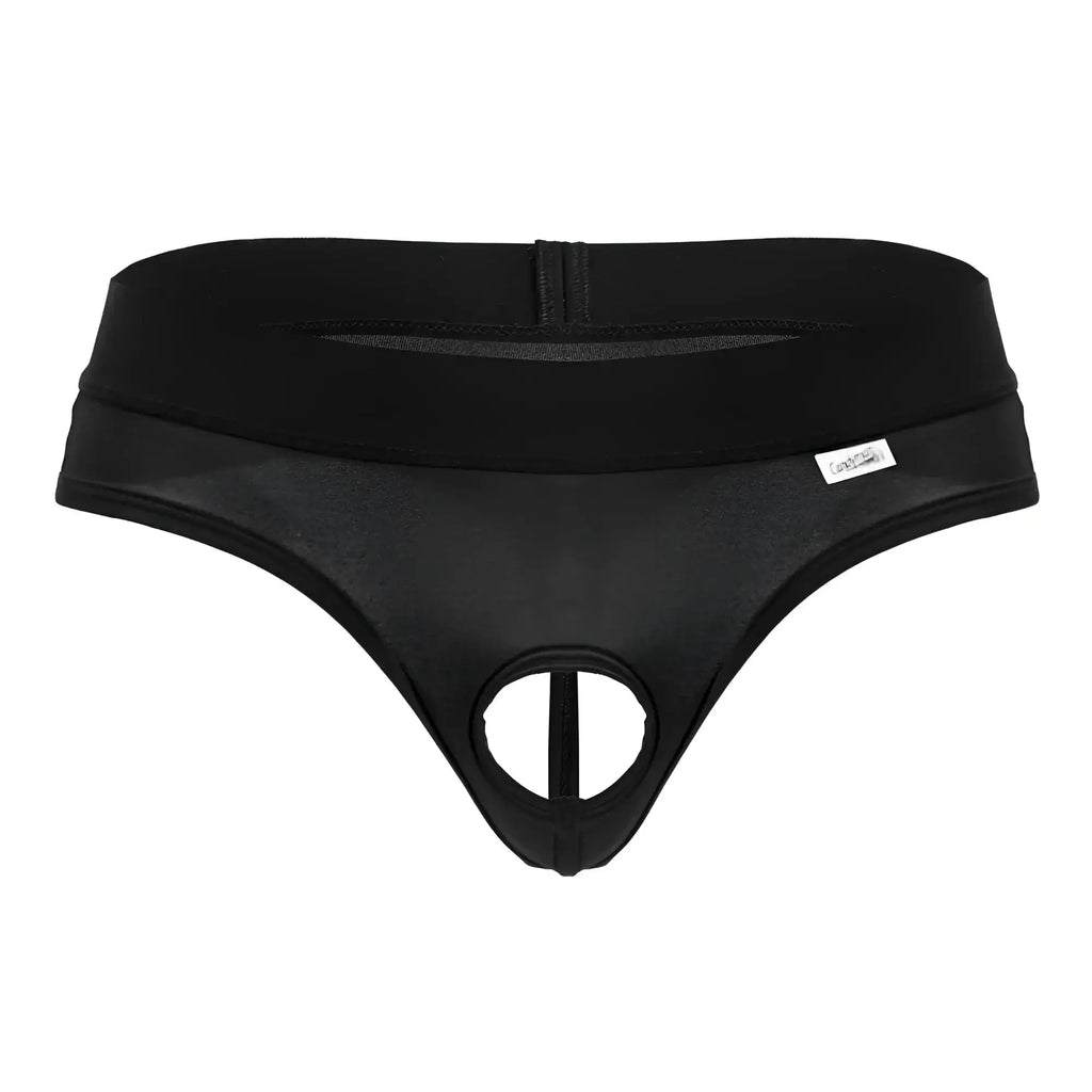 Black candyman 99781 protuder thong with zipper closure and mesh paneling showcasing back side design
