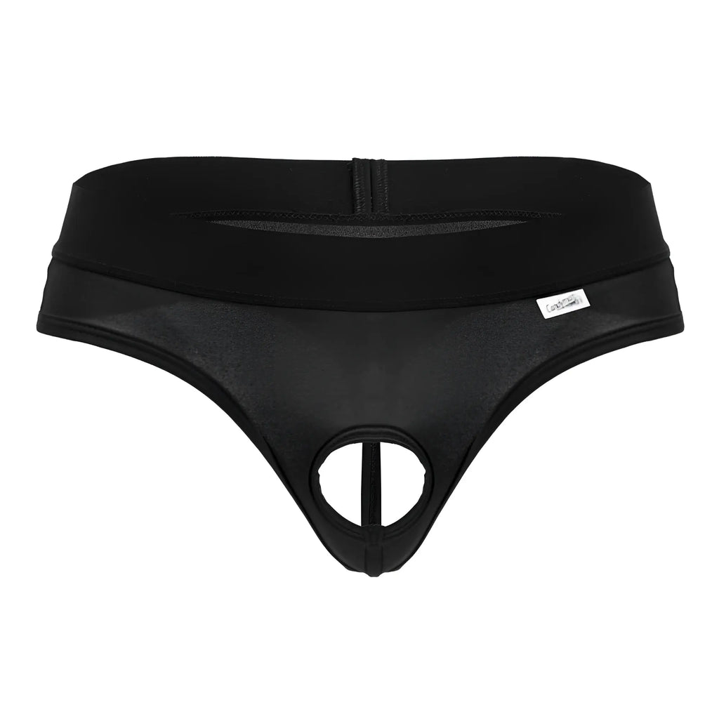 Black candyman 99781 protuder thong with zipper closure and mesh paneling showcasing back side design