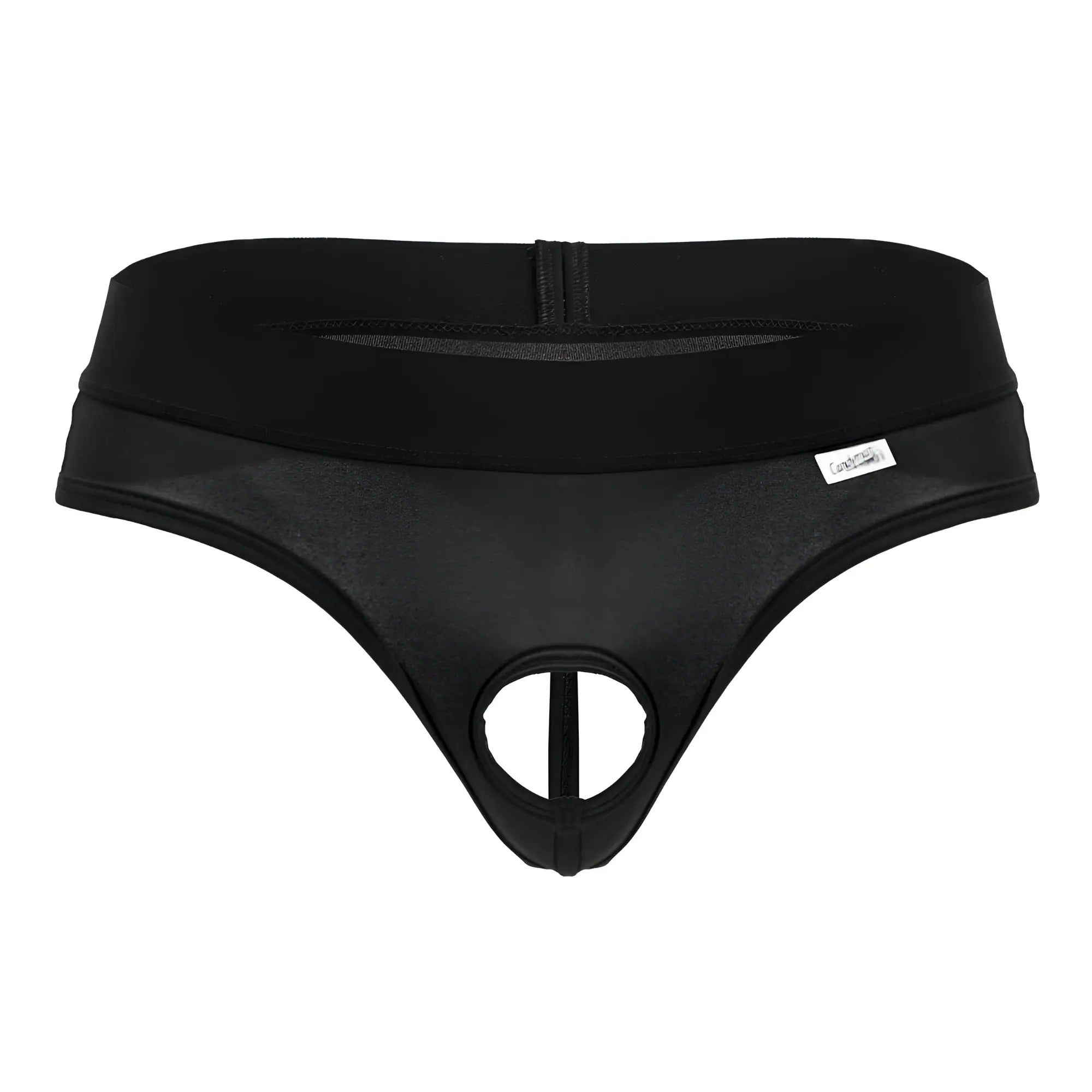 Black candyman 99781 protuder thong with zipper closure and mesh paneling showcasing back side design