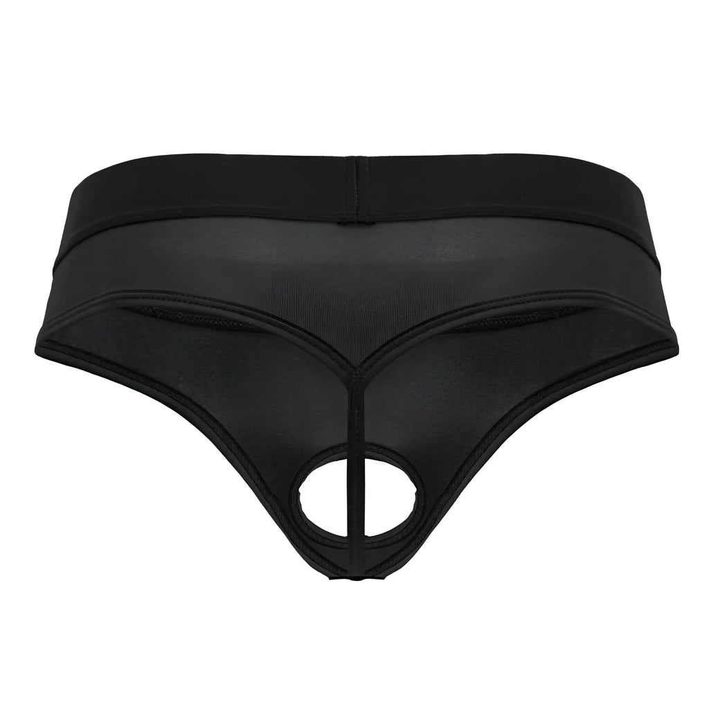 Black mesh CandyMan 99781 Protuder thong with central cutout and elastic waistband for a comfortable fit