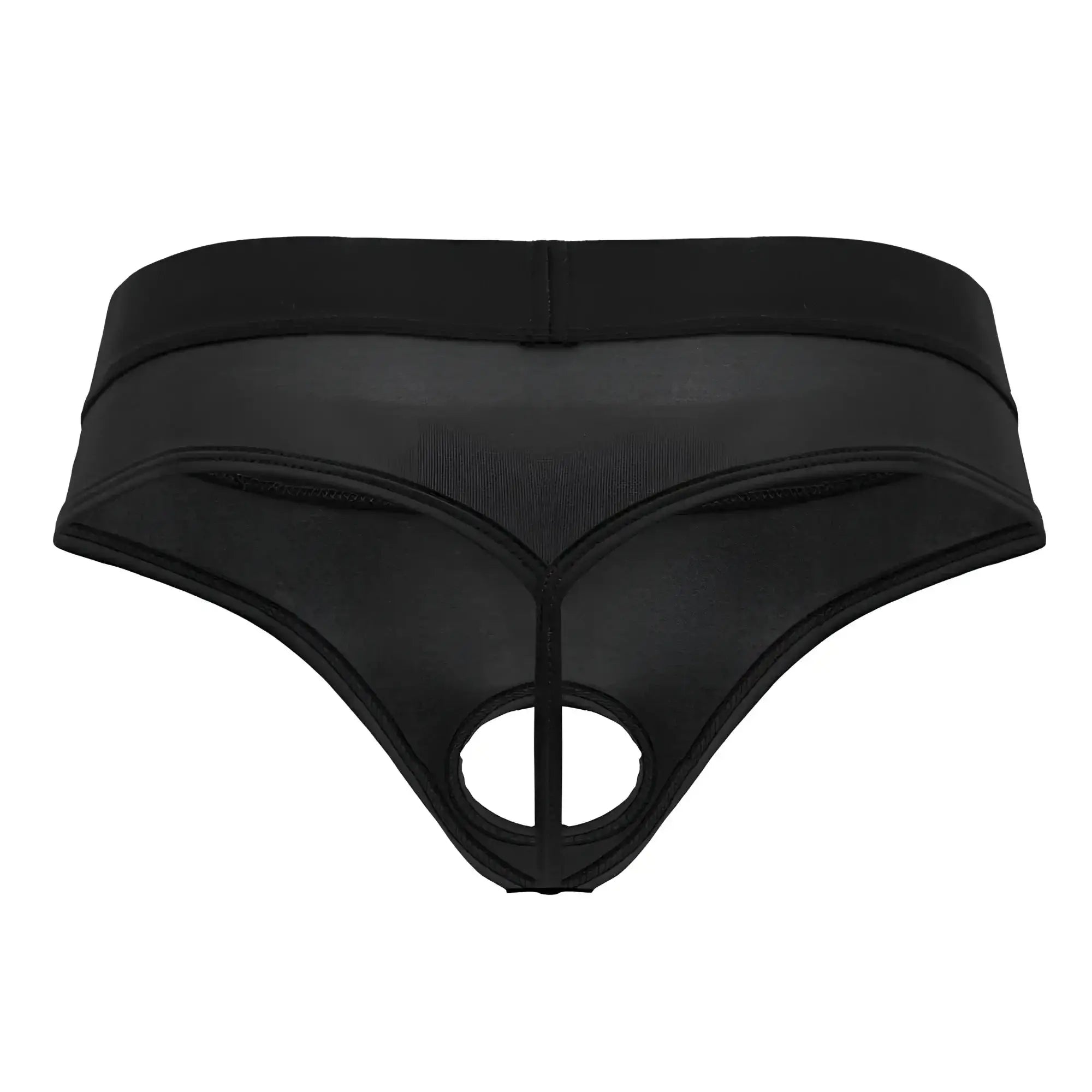 Black mesh CandyMan 99781 Protuder thong with central cutout and elastic waistband for a comfortable fit