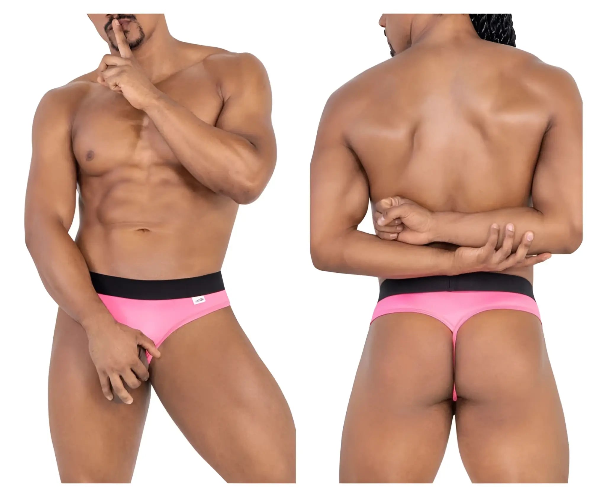Pink athletic briefs with black waistband candy man 99781 protuder thongs color pink front view