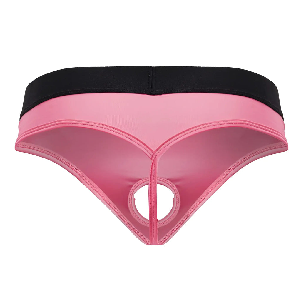 Pink and black CandyMan 99781 Protuder thong with central circular cutout in front for bold stylish wear